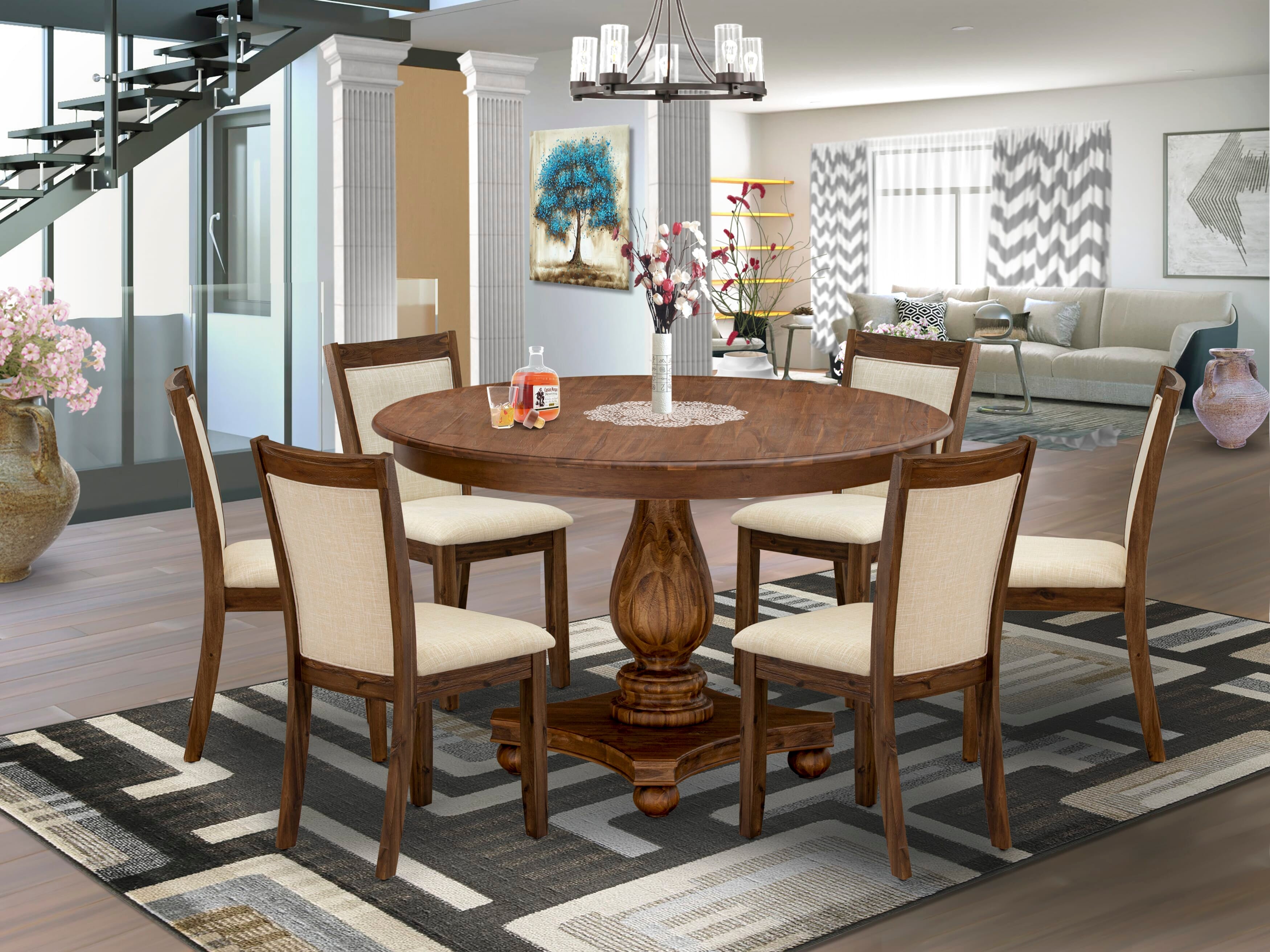 East West Furniture F2MZ7-N02 7-Piece Pedestal Dining Table Set - Wooden Dining Table and 6 Light Beige Color Parson Modern Chairs with High Back - Antique Walnut Finish