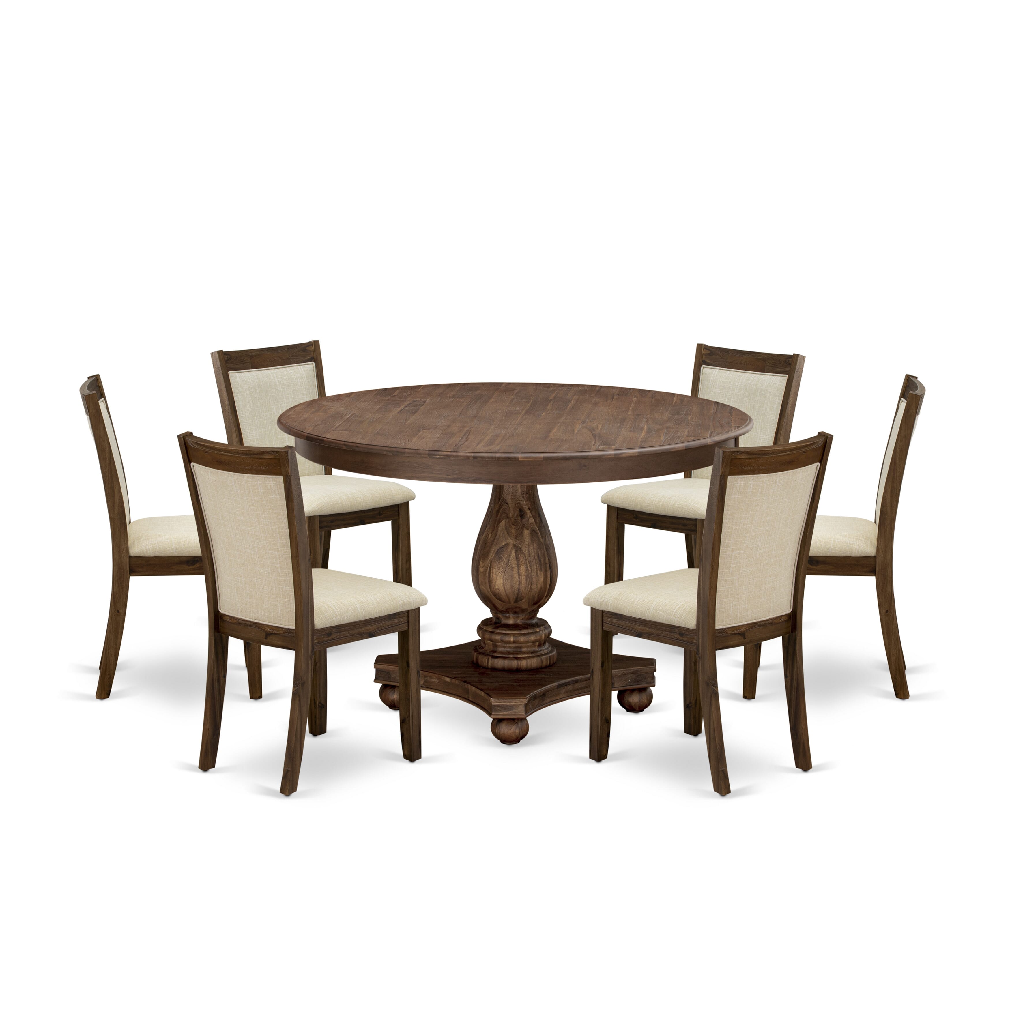 East West Furniture F2MZ7-N02 7-Piece Pedestal Dining Table Set - Wooden Dining Table and 6 Light Beige Color Parson Modern Chairs with High Back - Antique Walnut Finish