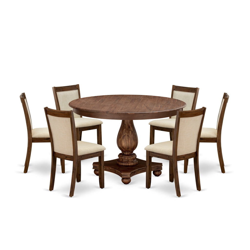 Juego de mesa de cocina de 7 piezas East West Furniture F2MZ7-N02 compuesto por una mesa de comedor redonda con pedestal y 6 sillas de comedor Parson de tela de lino.