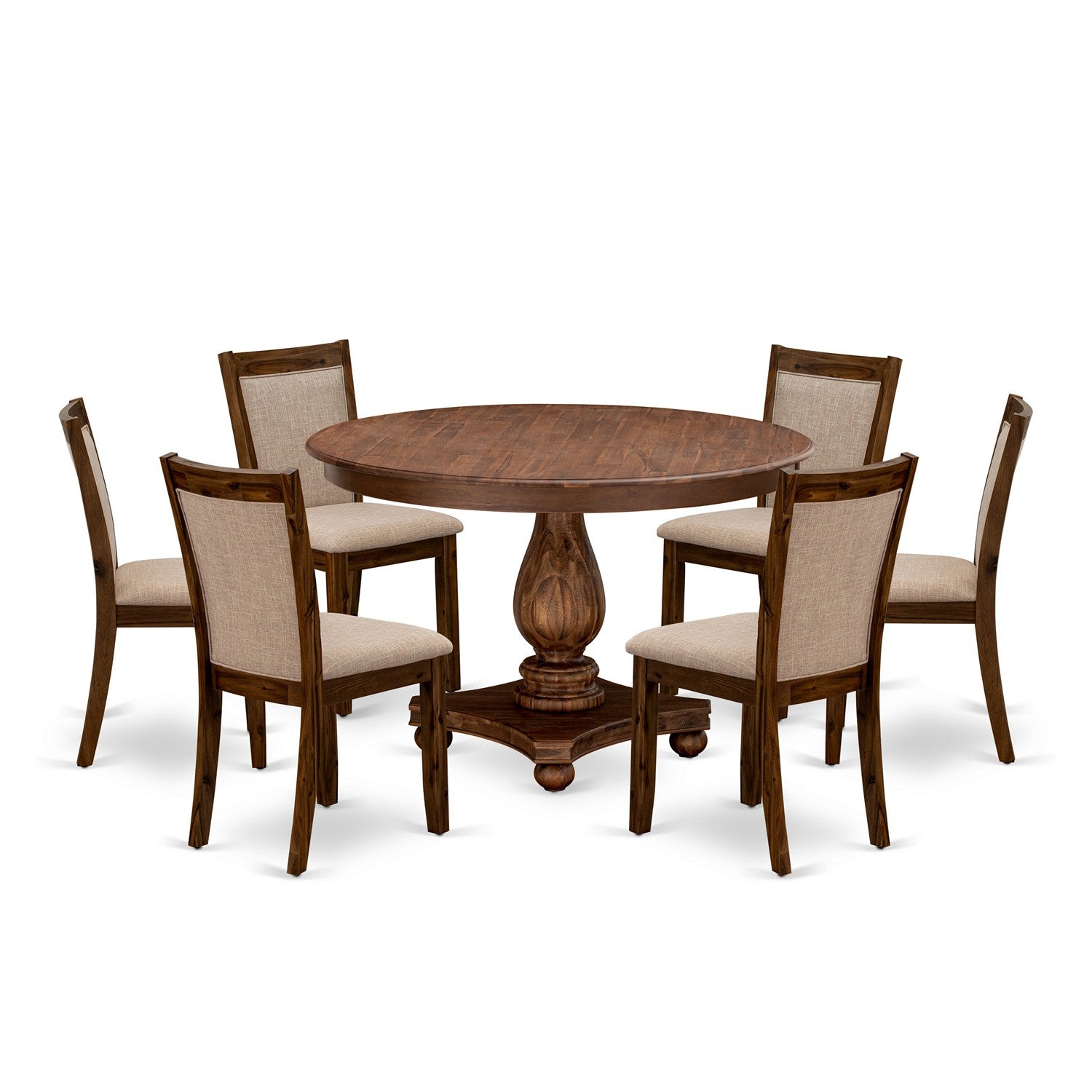 East West Furniture F2MZ7-N04 7-Piece Modern Dining Set - Wooden Pedestal Table and 6 Light Tan Color Parson Dining Chairs with High Back - Antique Walnut Finish