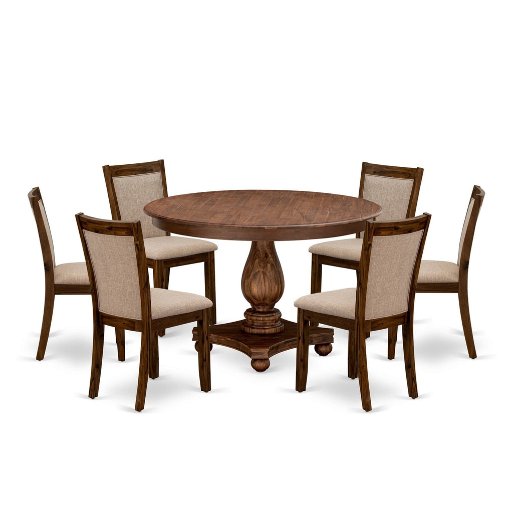 Juego de comedor de 7 piezas East West Furniture F2MZ7-N04 compuesto por una mesa de comedor redonda con pedestal y 6 sillas tapizadas en tela de lino color tostado claro.