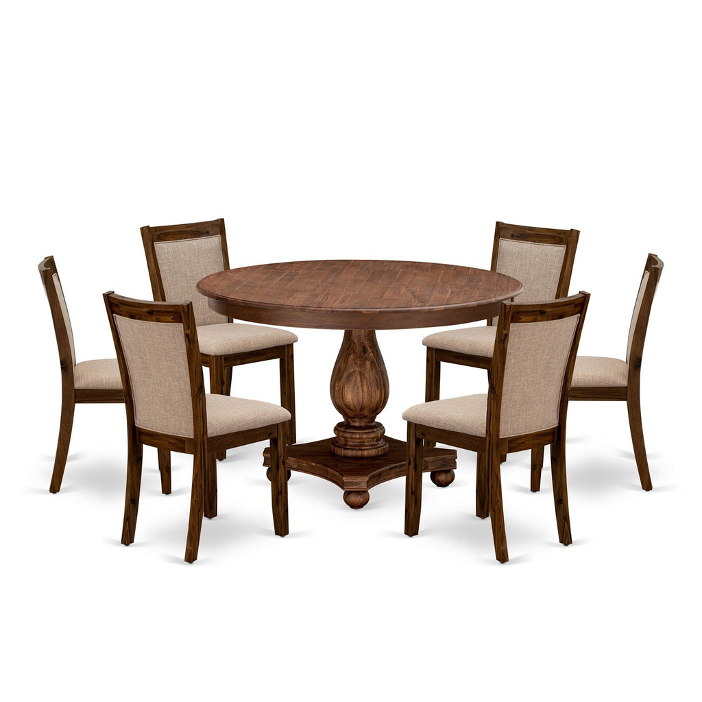 East West Furniture F2MZ7-N04 7 Piece Dining Room Furniture Set Consist of a Round Dining Table with Pedestal and 6 Light Tan Linen Fabric Upholstered Chairs, 48x48 Inch, Antique Walnut