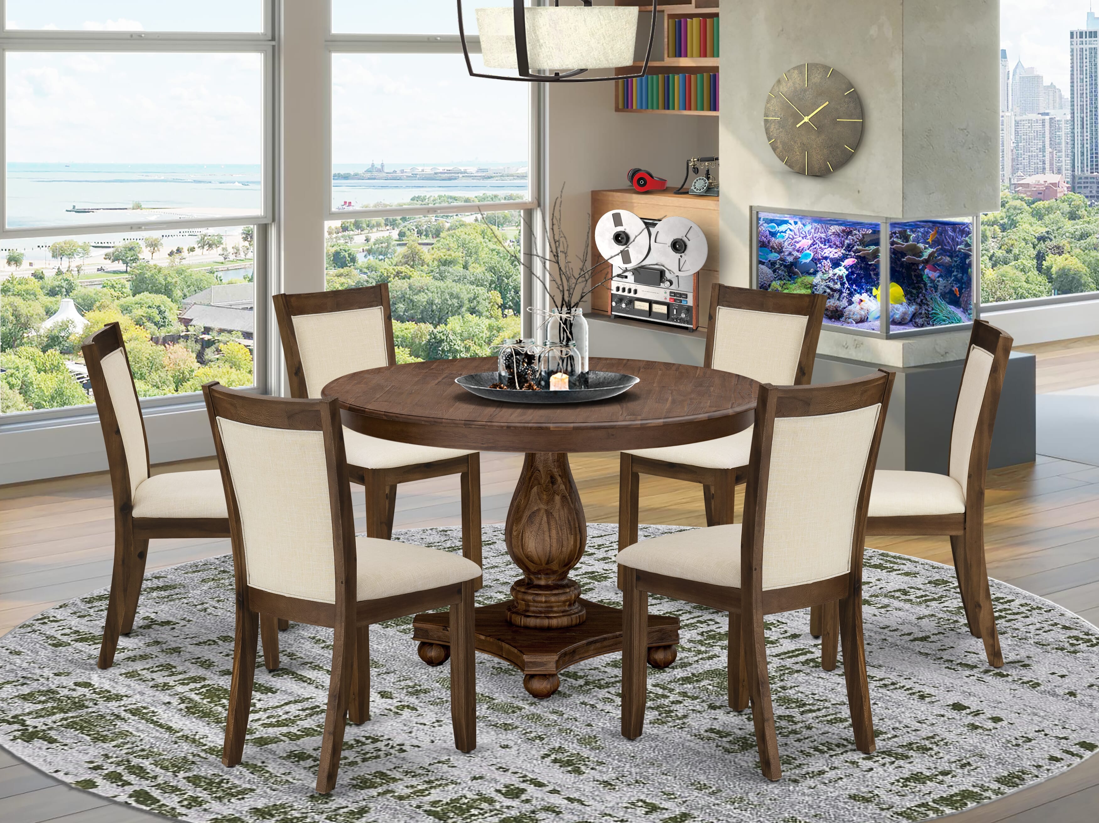 East West Furniture F2MZ7-NN-32 7-Piece Dinning Table Set - A Gorgeous Wood Table and 6 Wonderful Light Beige Linen Fabric Dining Chairs with Stylish High Back (Sand Blasting Antique Walnut Finish)