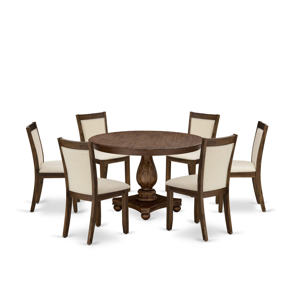 East West Furniture F2MZ7-NN-32 7 Piece Kitchen Table Set Consist of a Round Dining Table with Pedestal and 6 Light Beige Linen Fabric Parson Chairs, 48x48 Inch, Sandblasting Antique Walnut
