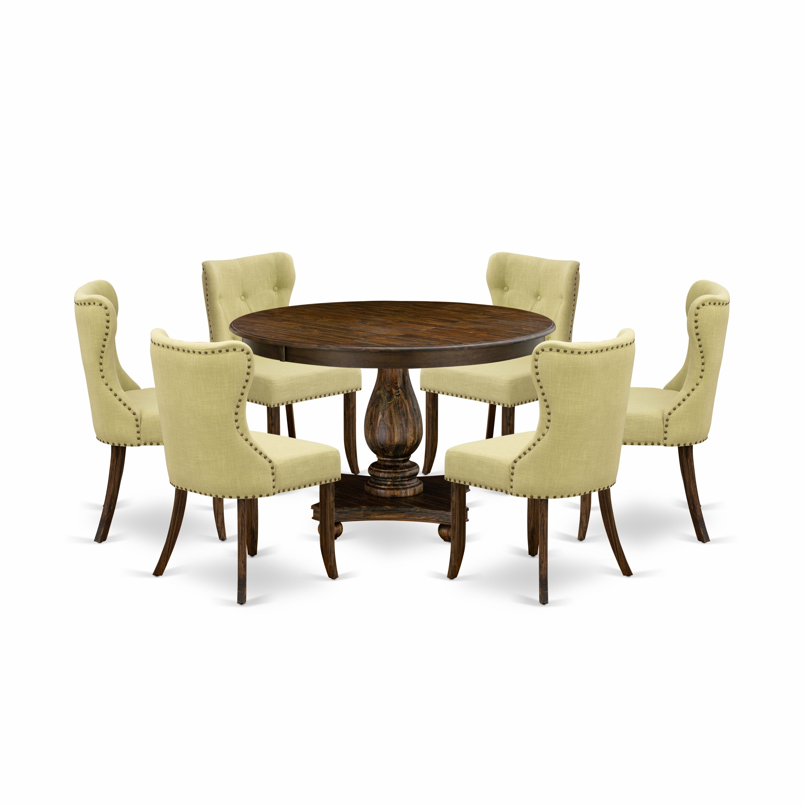 El juego de mesa de comedor East West Furniture F2SI7-737 de 7 piezas consta de una mesa de cocina redonda con pedestal y 6 sillas de comedor Parson de tela de lino Limelight.