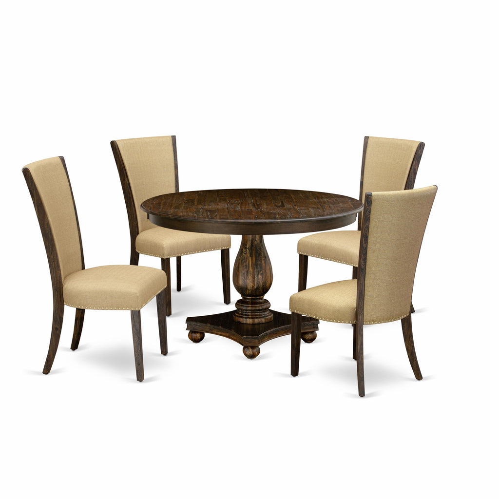 Juego de mesa de comedor moderna de 5 piezas East West Furniture F2VE5-703. Incluye una mesa redonda de madera con pedestal y 4 sillas de comedor Parson de tela de lino marrón.