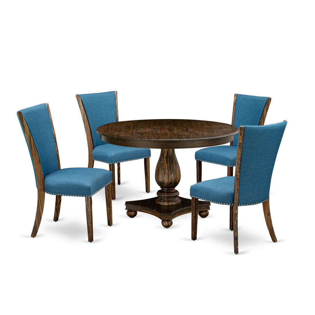 Juego de mesa de comedor de 5 piezas East West Furniture F2VE5-721 para 4 personas. Incluye una mesa de cocina redonda con pedestal y 4 sillas tapizadas en tela de lino de color azul.