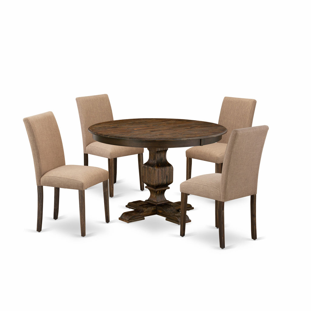 East West Furniture F3AB5-747 5 Piece Modern Dining Table Set Includes a Round Wooden Table with Pedestal and 4 Light Sable Linen Fabric Upholstered Chairs