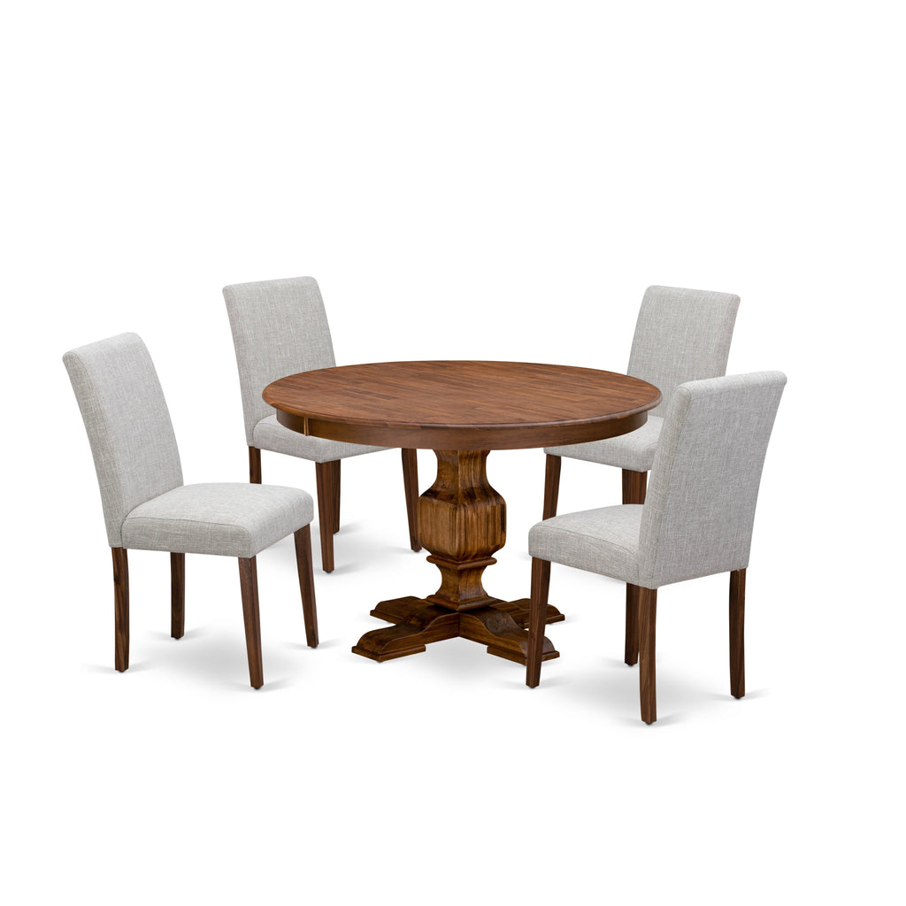 El juego de mesa de comedor de 5 piezas East West Furniture F3AB5-N35 incluye una mesa de cocina redonda con pedestal y 4 sillas de comedor Parsons de tela de lino y piel de venado.
