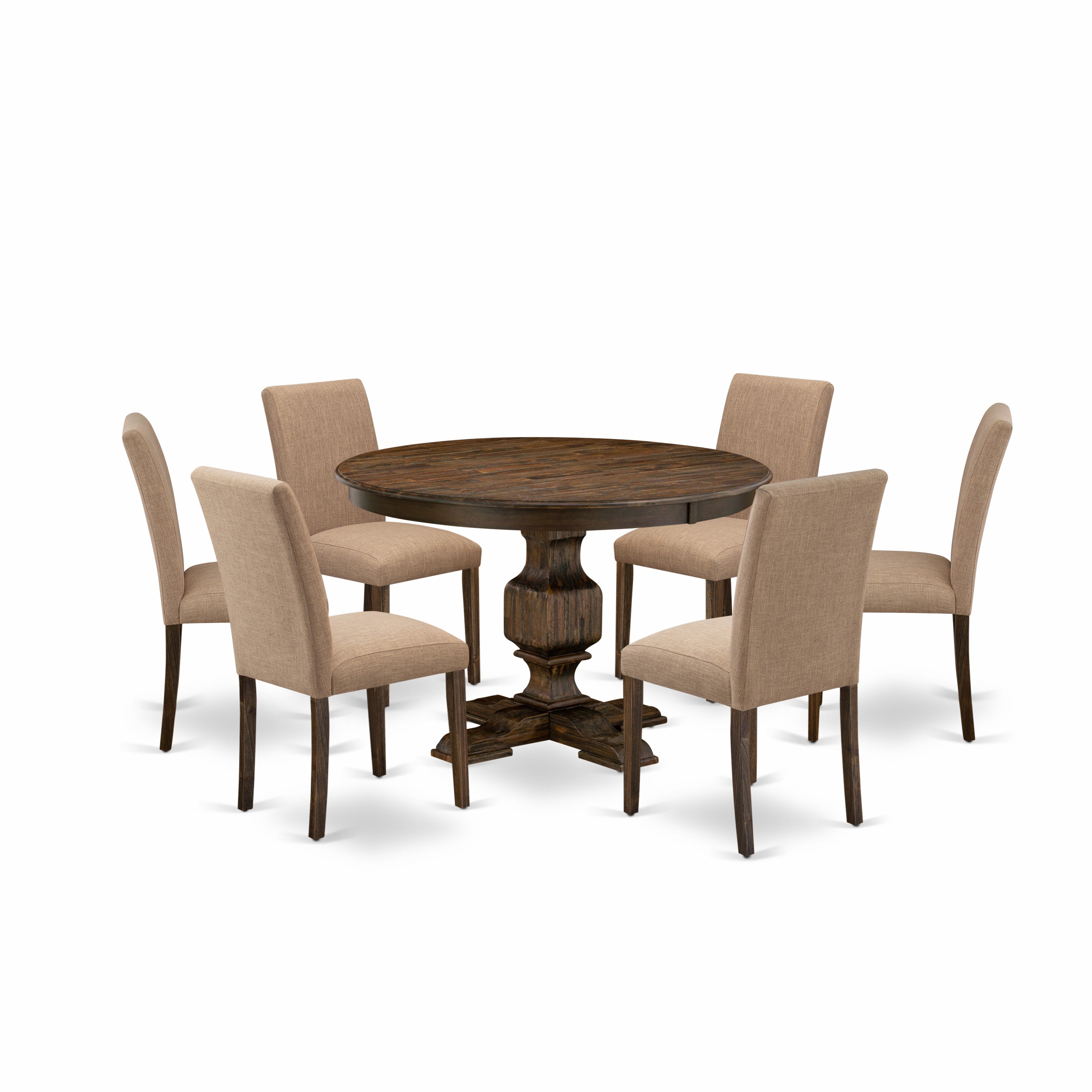 East West Furniture F3AB7-747 7 Piece Dining Room Table Set Contains a Wooden Dining Table and 6 Light Sable Linen Fabric Kitchen Chairs with High Back - Distressed Jacobean Finish