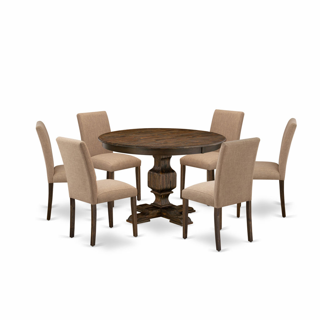 Juego de mesa de comedor moderna de 7 piezas East West Furniture F3AB7-747 compuesto por una mesa redonda de madera con pedestal y 6 sillas de comedor Parsons de tela de lino color marta clara.