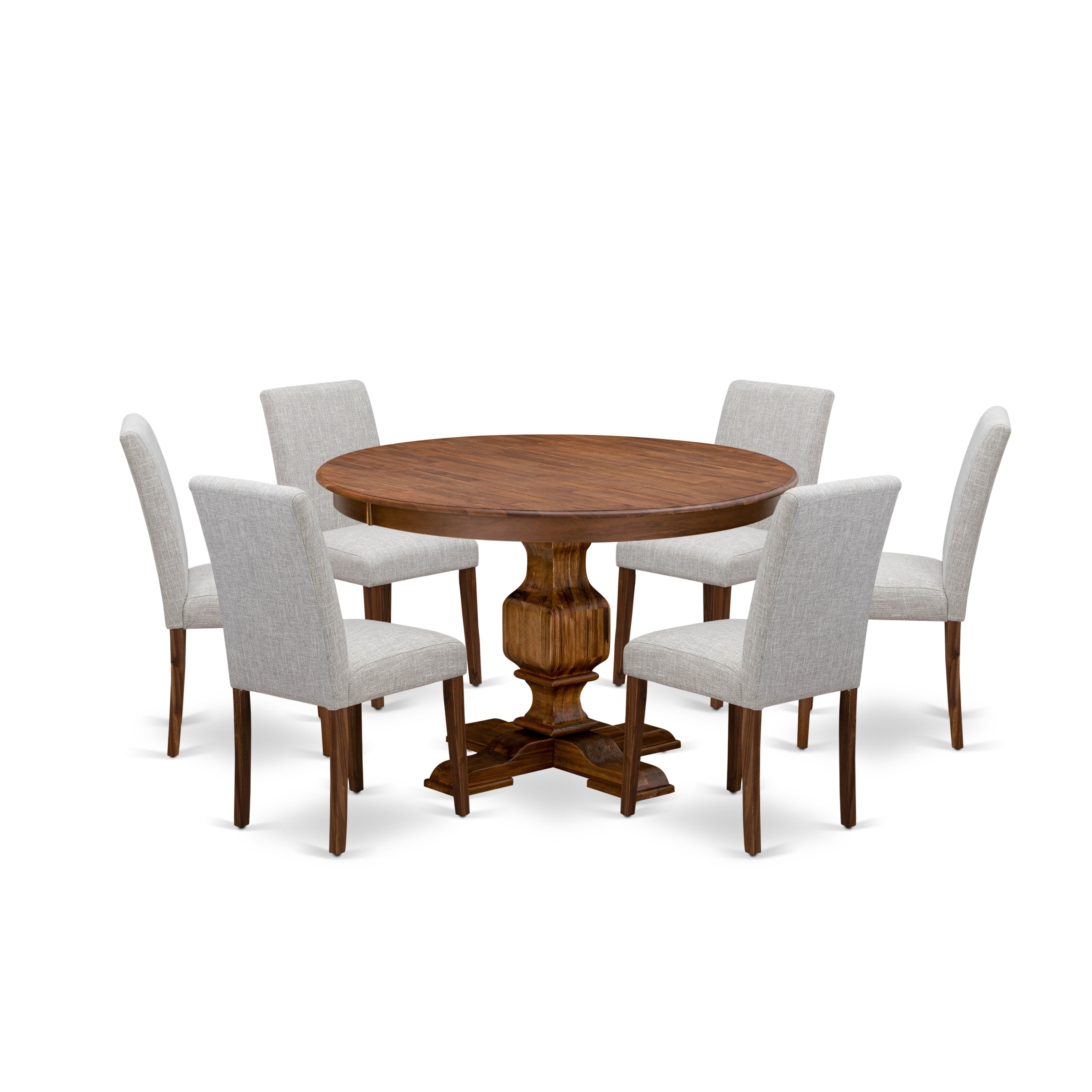 Juego de comedor de 7 piezas East West Furniture F3AB7-N35 compuesto por una mesa de comedor redonda con pedestal y 6 sillas tapizadas en tela de lino y piel de venado.