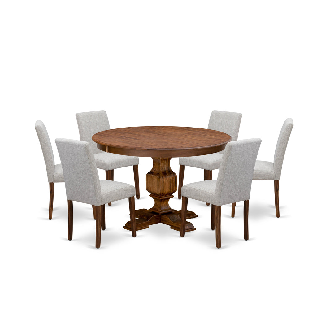 East West Furniture F3AB7-N35 7 Piece Dining Room Furniture Set Consist of a Round Dining Table with Pedestal and 6 Doeskin Linen Fabric Upholstered Chairs
