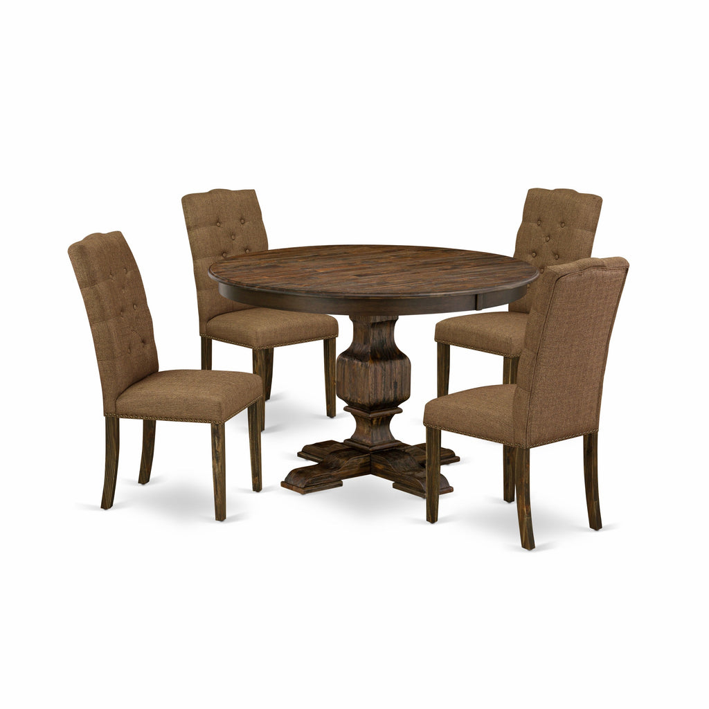 East West Furniture F3EL5-718 5 Piece Modern Dining Table Set Includes a Round Wooden Table with Pedestal and 4 Brown Linen Linen Fabric Parsons Dining Chairs