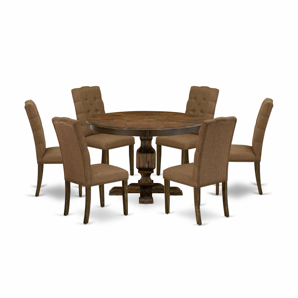 Juego de mesa de cocina de 7 piezas East West Furniture F3EL7-718 compuesto por una mesa de comedor redonda con pedestal y 6 sillas de comedor Parsons de tela de lino marrón.