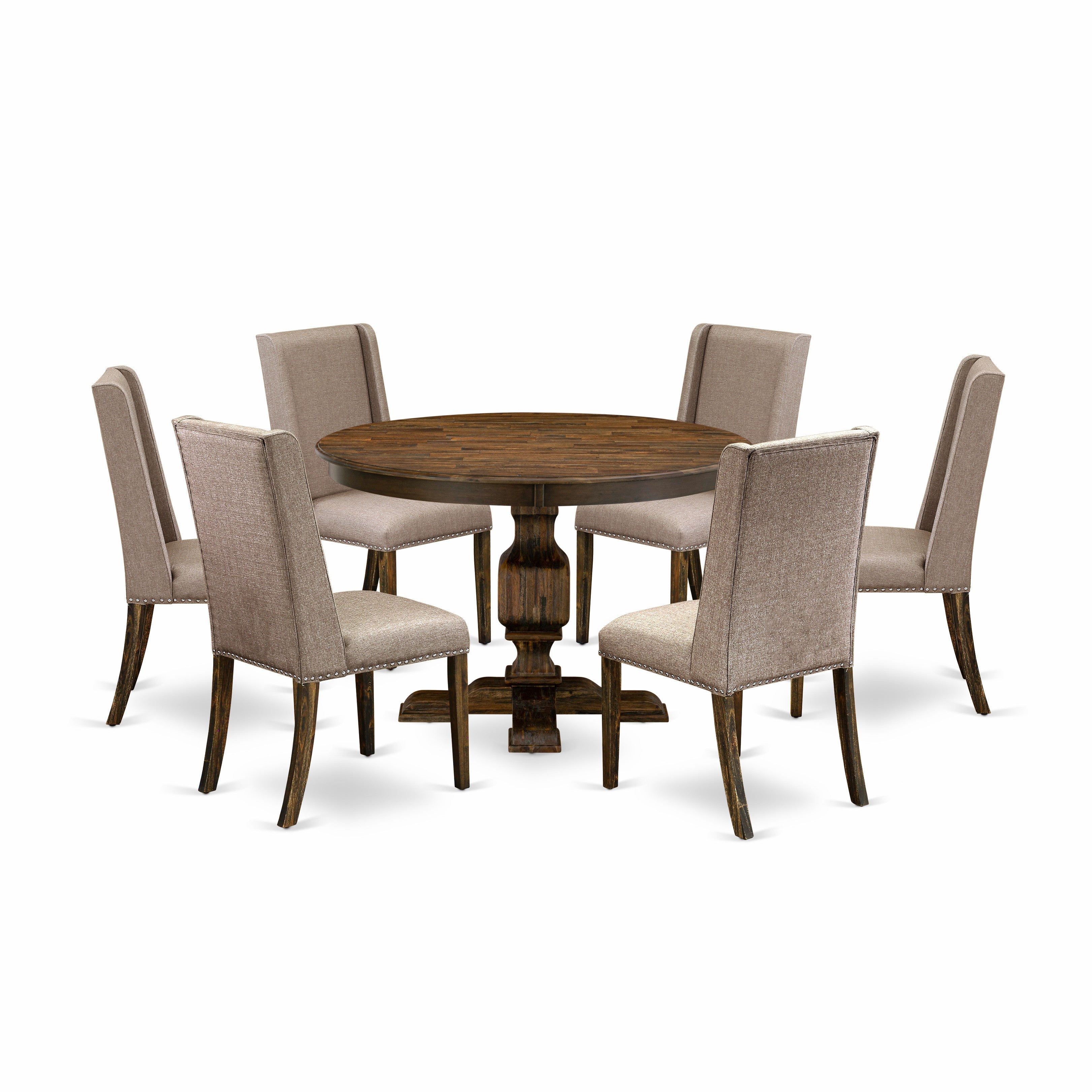 East West Furniture F3FL7-716 7 Piece Dining Table Set Contains a Wooden Dining Table and 6 Dark Khaki Linen Fabric Dining Room Chairs with High Back - Distressed Jacobean Finish