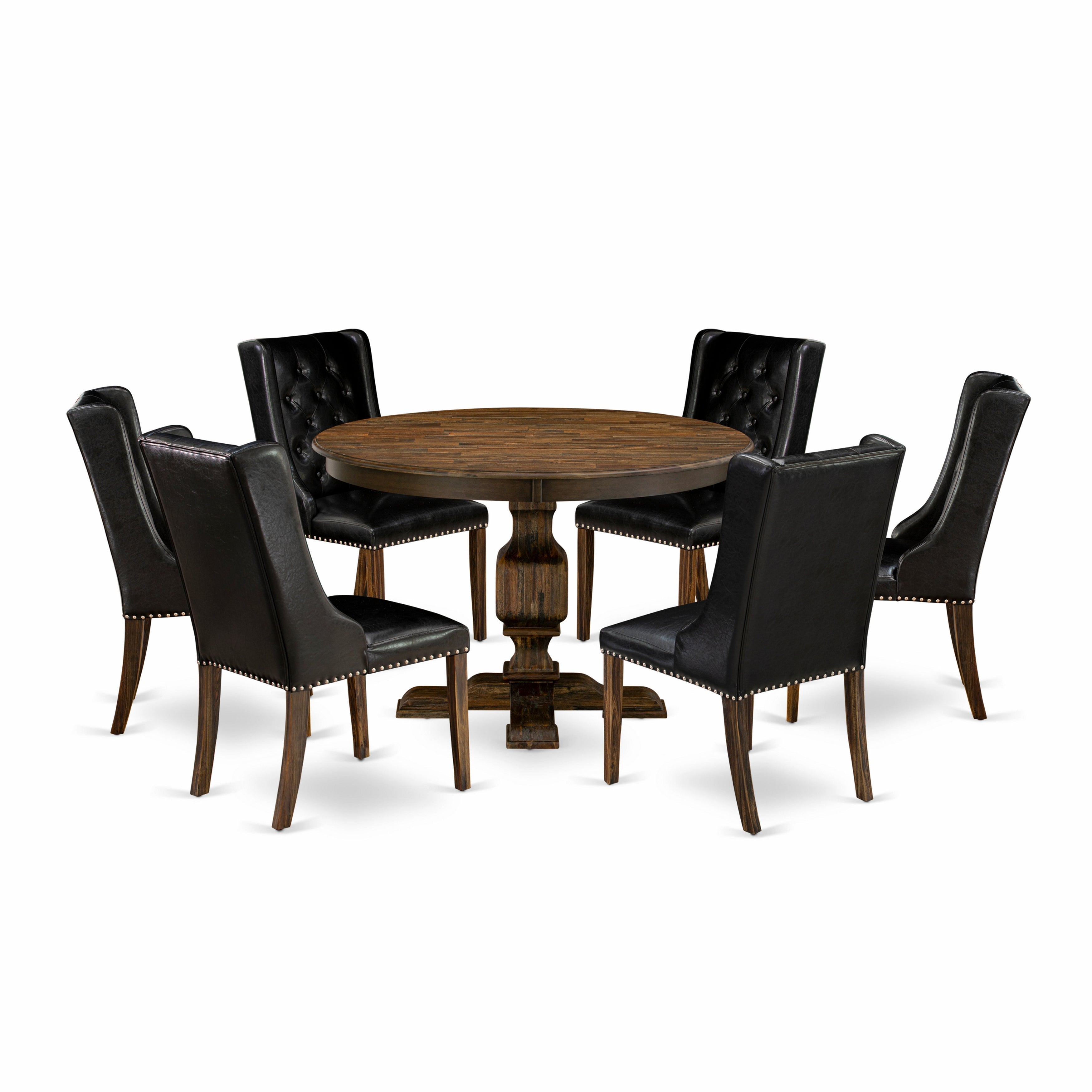 East West Furniture F3FO7-749 7 Piece Kitchen Dining Table Set Consists of a Dinner Table and 6 Black PU faux Leather Dining Room Chairs with Button Tufted Back - Distressed Jacobean Finish