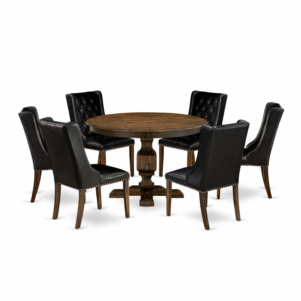 East West Furniture F3FO7-749 7 Piece Dining Room Furniture Set Consist of a Round Dining Table with Pedestal and 6 Black Faux Leather Upholstered Chairs