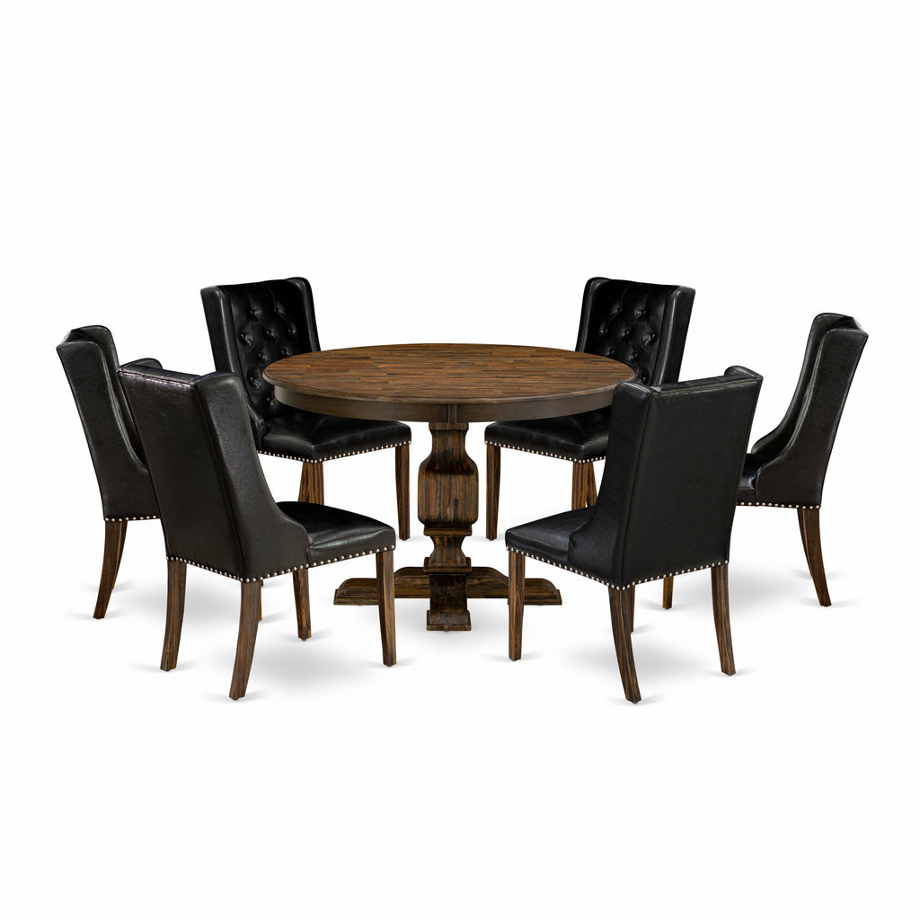 East West Furniture F3FO7-749 7 Piece Dining Room Furniture Set Consist of a Round Dining Table with Pedestal and 6 Black Faux Leather Upholstered Chairs, 48x48 Inch, Distressed Jacobean