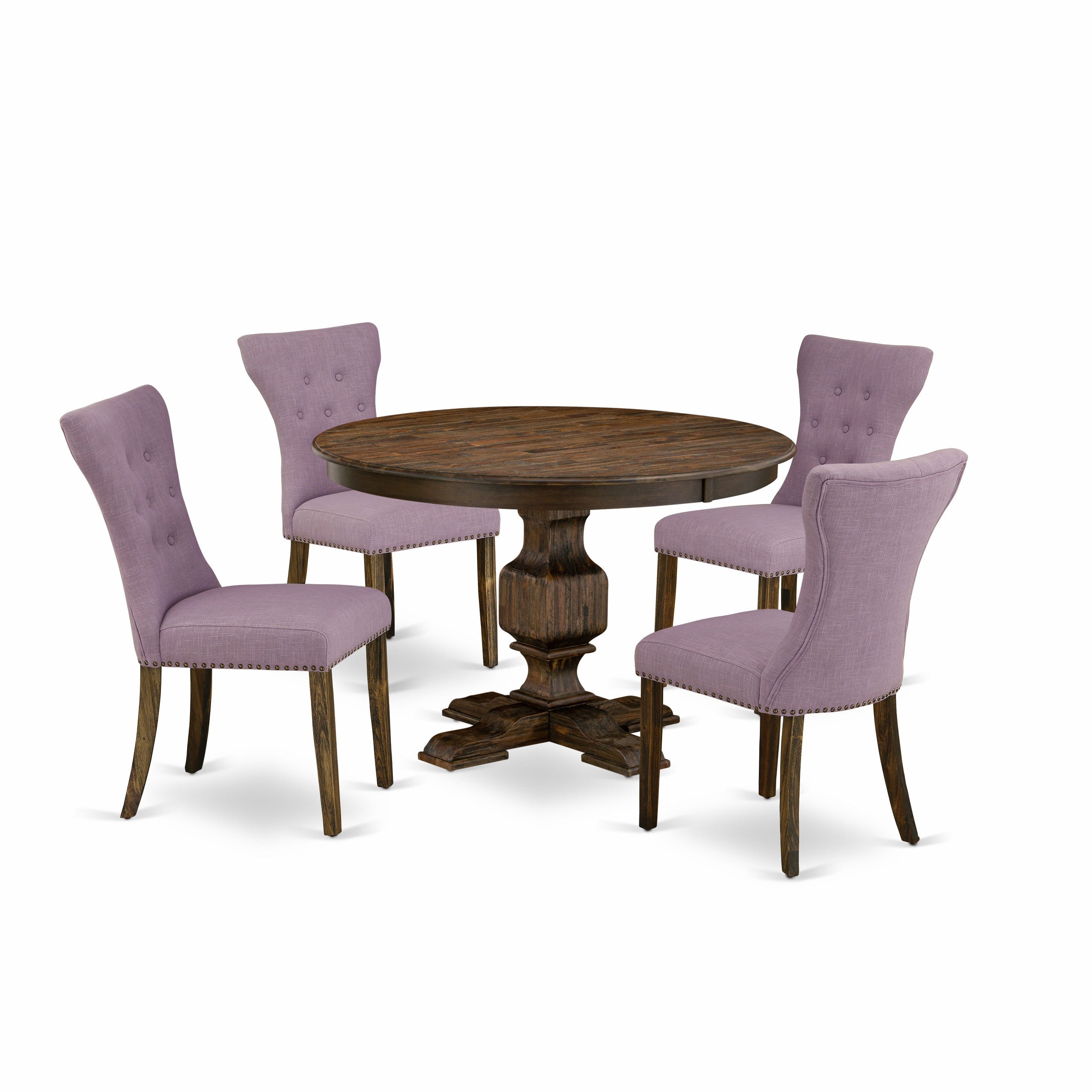 East West Furniture F3GA5-740 5 Piece Dining Room Table Set Contains a Dinner Table and 4 Dahlia Linen Fabric Upholstered Chairs with Button Tufted Back - Distressed Jacobean Finish