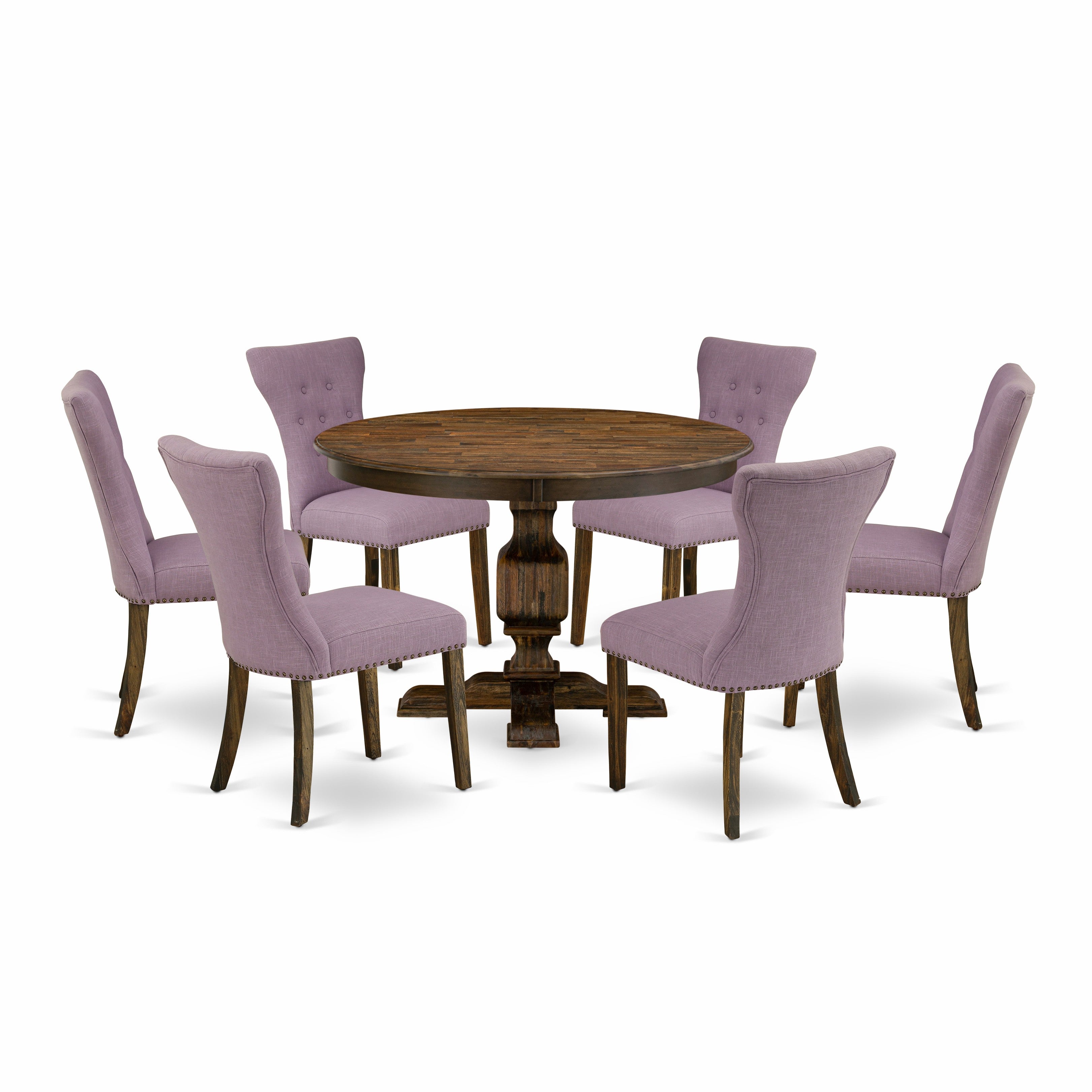 East West Furniture F3GA7-740 7 Piece Modern Dining Set Includes a Dining Table and 6 Dahlia Linen Fabric Dining Chairs with Button Tufted Back - Distressed Jacobean Finish