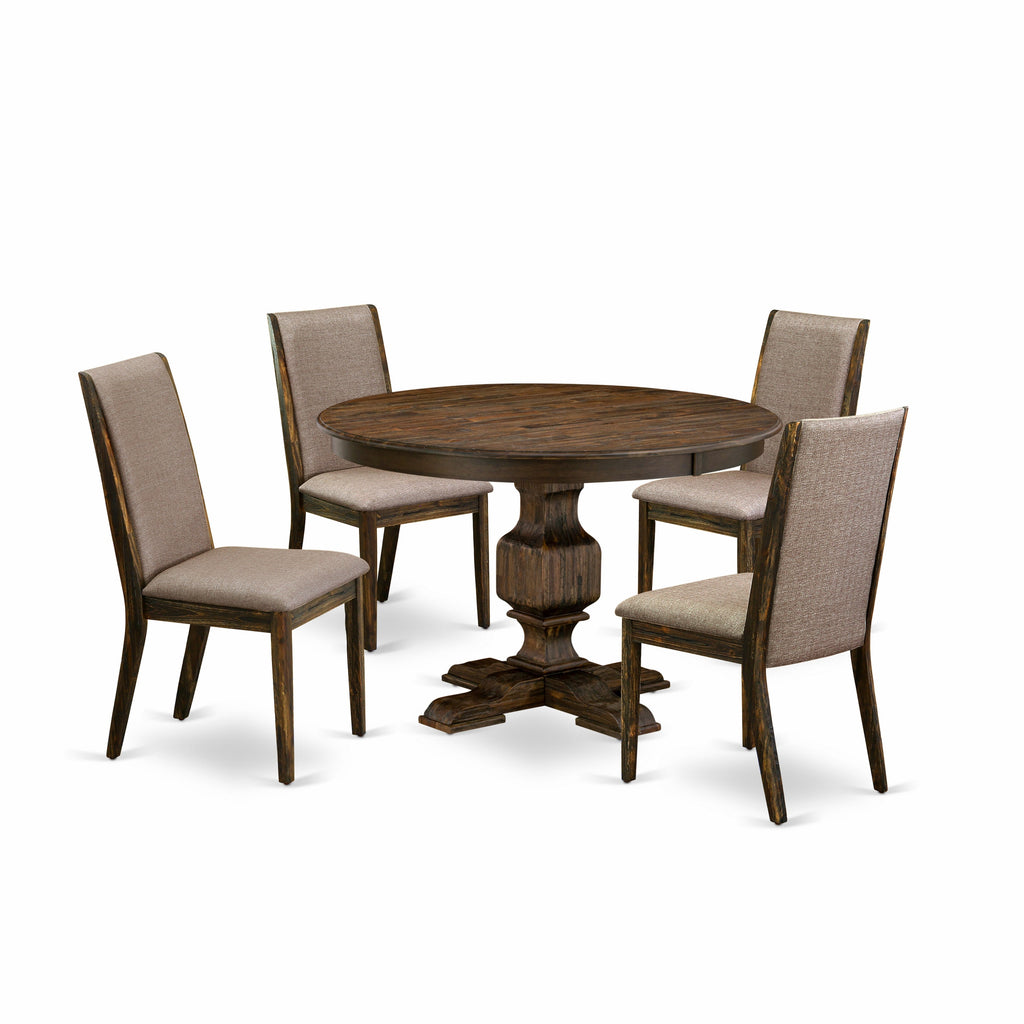 El juego de mesa de comedor de 5 piezas East West Furniture F3LA5-716 incluye una mesa de cocina redonda con pedestal y 4 sillas de comedor Parson de tela de lino color caqui oscuro.