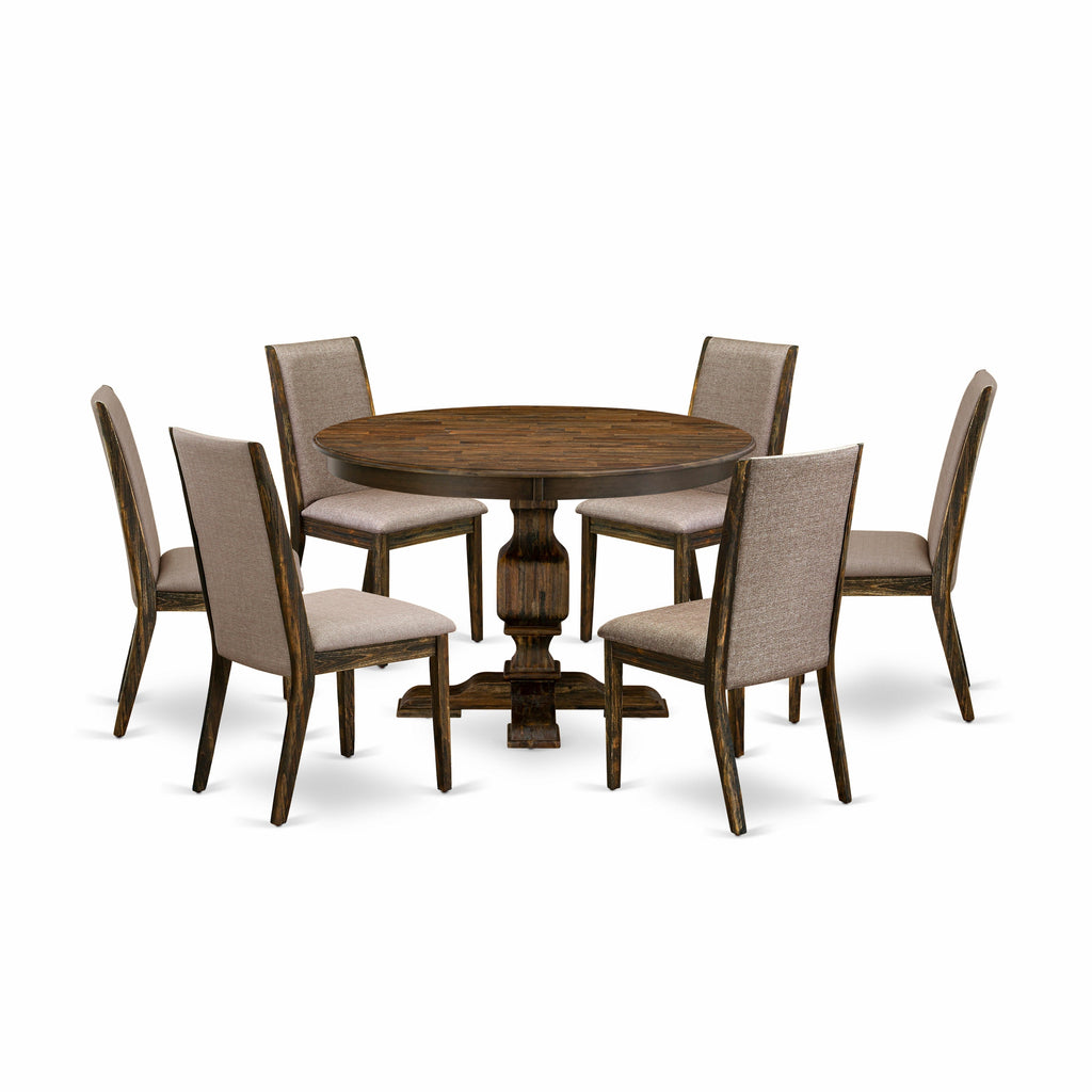 East West Furniture F3LA7-716 7 Piece Dining Set Consist of a Round Dining Room Table with Pedestal and 6 Dark Khaki Linen Fabric Upholstered Chairs