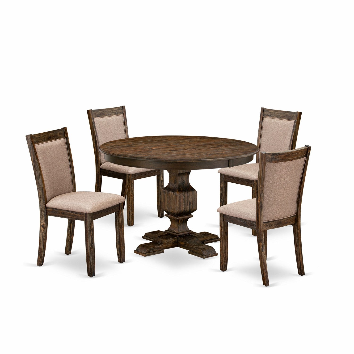 East West Furniture F3MZ5-716 5 Piece Modern Dining Table Set Consists of a Dining Room Table and 4 Dark Khaki Linen Fabric Upholstered Dining Chairs with High Back - Distressed Jacobean Finish