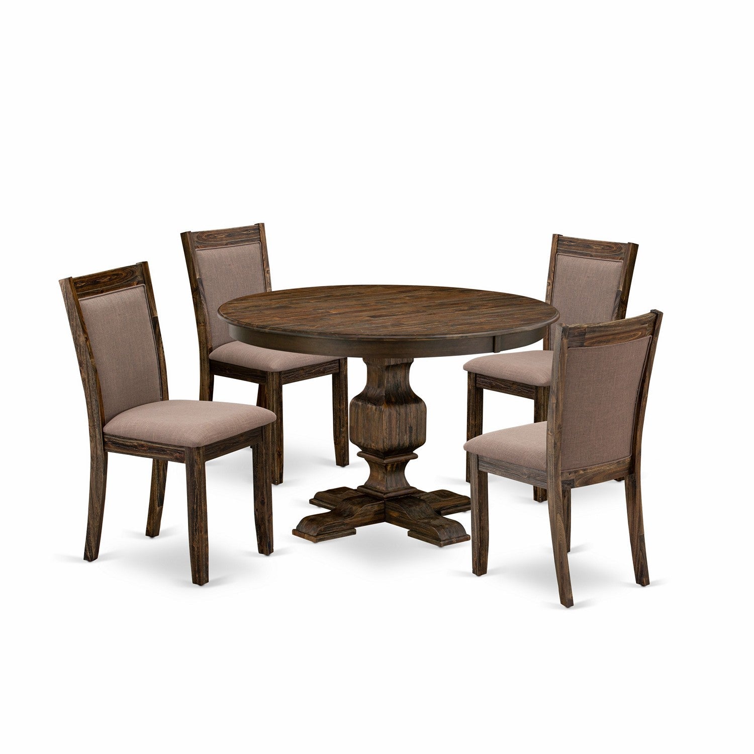 East West Furniture F3MZ5-748 5-Pc Dining Set - Kitchen Pedestal Table and 4 Coffee Color Parson Padded Chairs with High Back - Distressed Jacobean Finish