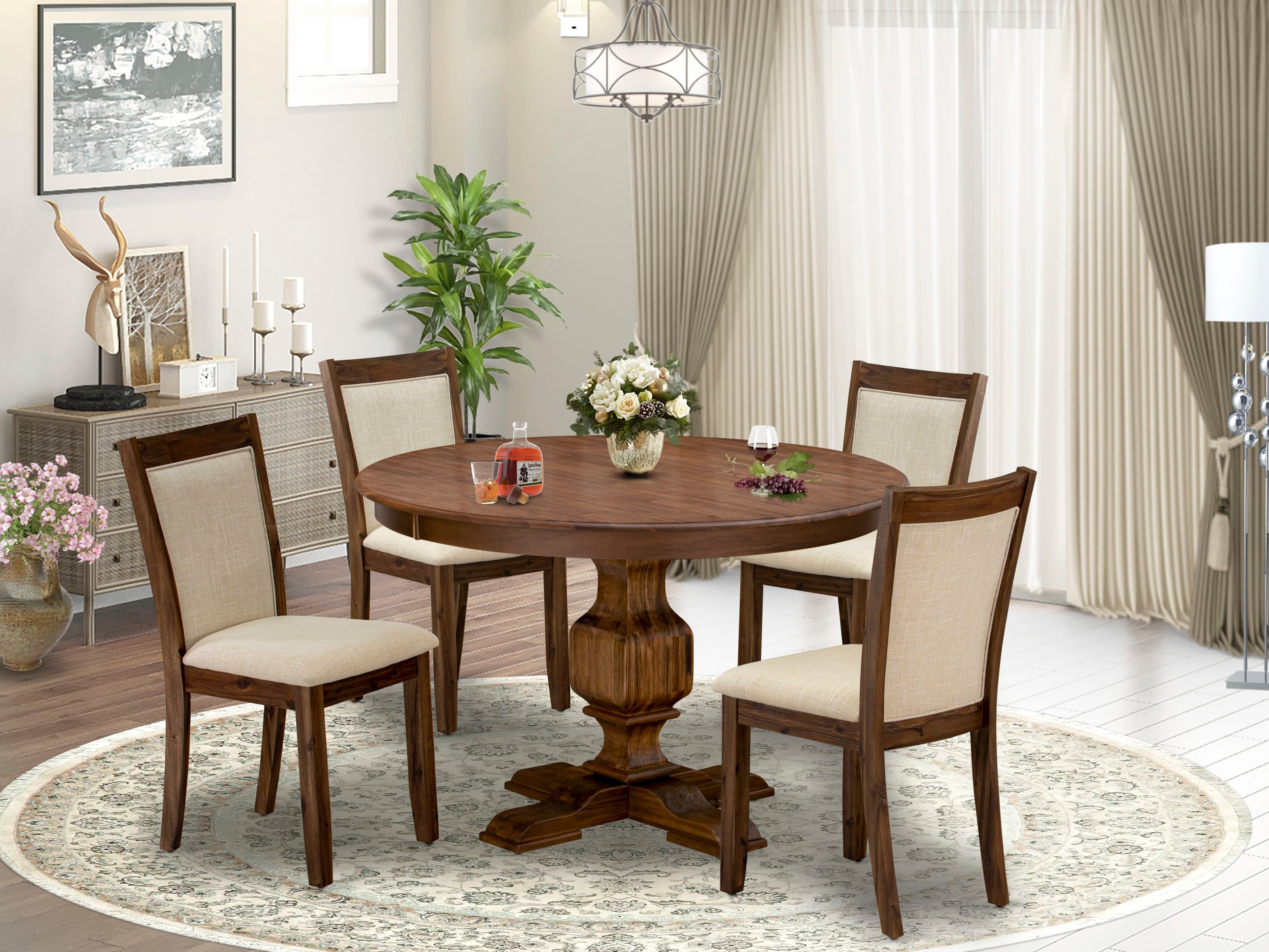 East West Furniture F3MZ5-N02 5-Piece Kitchen Table Set - Pedestal Dining Room Table and 4 Light Beige Color Parson Dining Chairs with High Back - Antique Walnut Finish