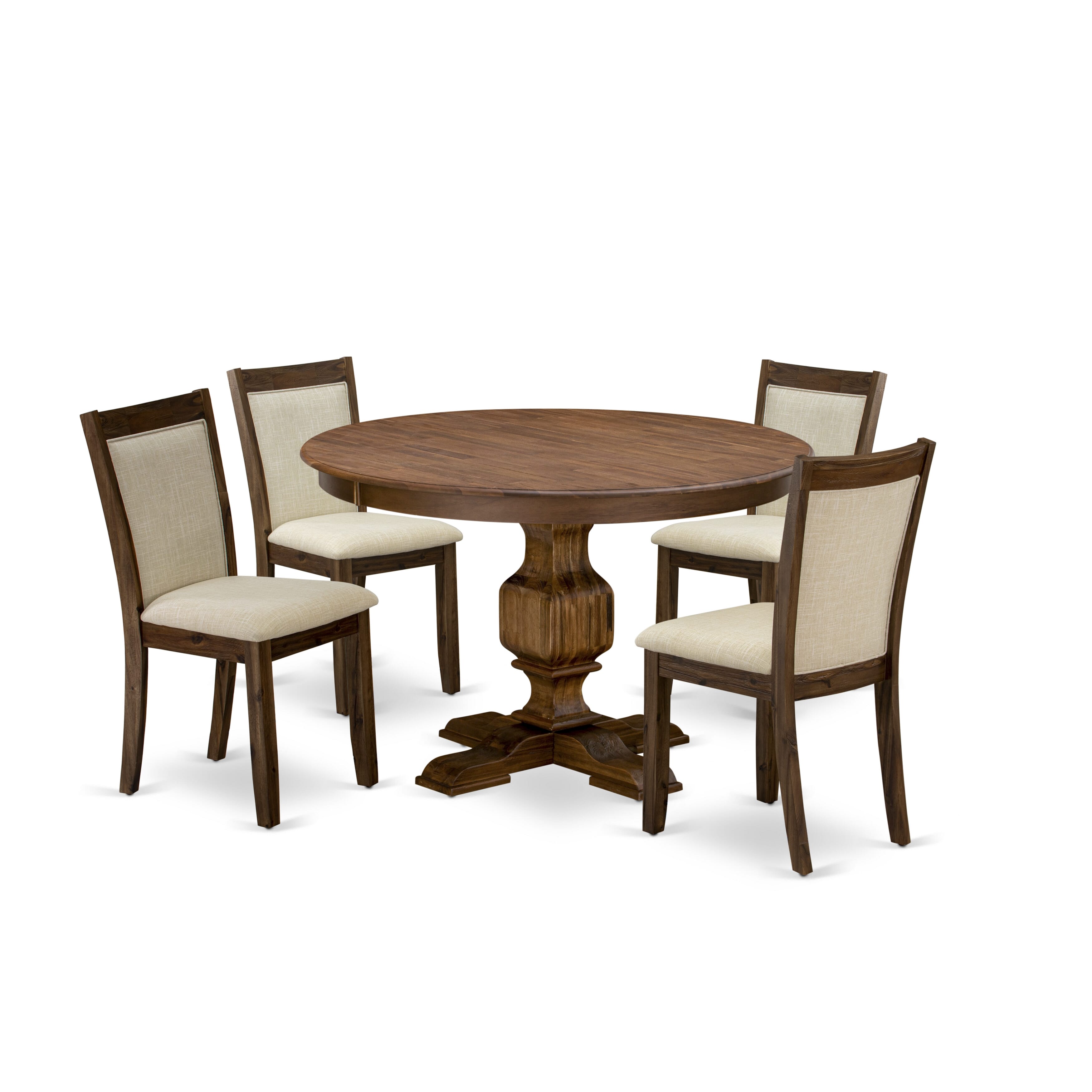 East West Furniture F3MZ5-N02 5-Piece Kitchen Table Set - Pedestal Dining Room Table and 4 Light Beige Color Parson Dining Chairs with High Back - Antique Walnut Finish