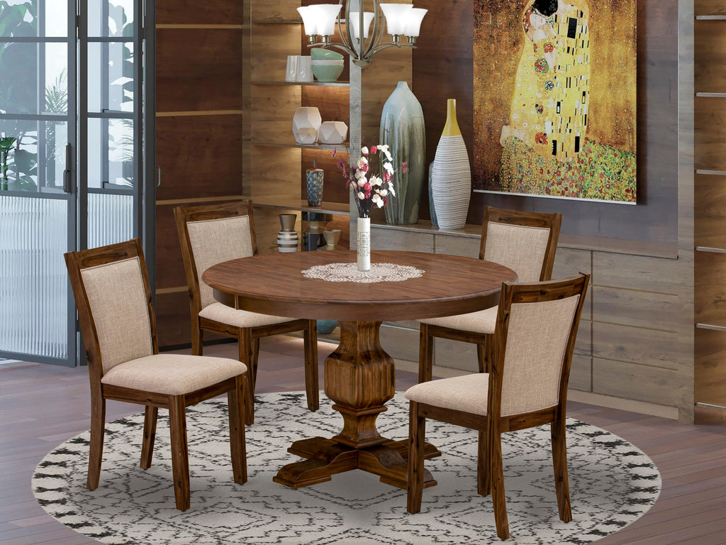 El juego de mesa de comedor moderno de 5 piezas East West Furniture F3MZ5-N04 incluye una mesa redonda de madera con pedestal y 4 sillas Parson tapizadas en tela de lino color tostado claro.