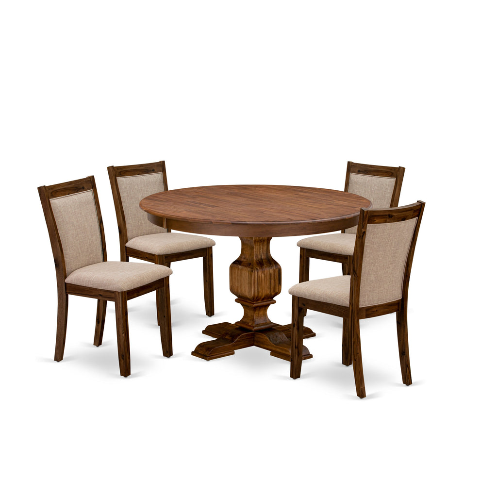 El juego de mesa de comedor moderno de 5 piezas East West Furniture F3MZ5-N04 incluye una mesa redonda de madera con pedestal y 4 sillas Parson tapizadas en tela de lino color tostado claro.