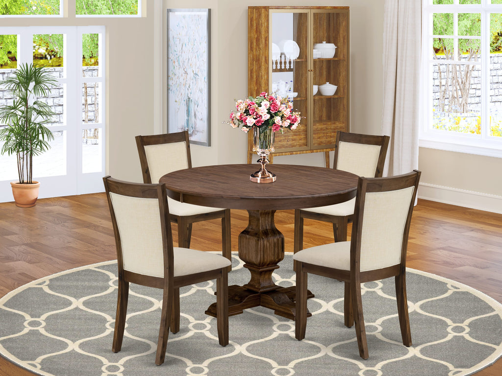 Juego de mesa de comedor de 5 piezas East West Furniture F3MZ5-NN-32 para 4 personas. Incluye una mesa redonda de madera con pedestal y 4 sillas Parson de tela de lino beige claro.