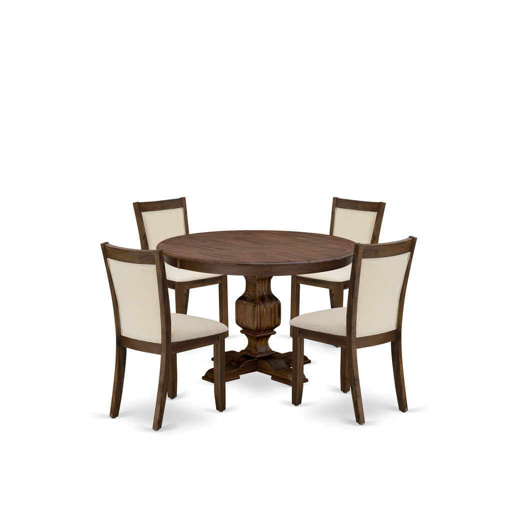 Juego de mesa de comedor de 5 piezas East West Furniture F3MZ5-NN-32 para 4 personas. Incluye una mesa redonda de madera con pedestal y 4 sillas Parson de tela de lino beige claro.
