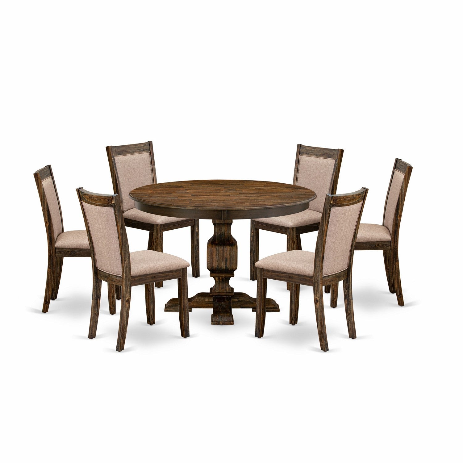 East West Furniture F3MZ7-716 7 Piece Kitchen Table Set Contains a Dinner Table and 6 Dark Khaki Linen Fabric Mid Century Modern Chairs with High Back - Distressed Jacobean Finish