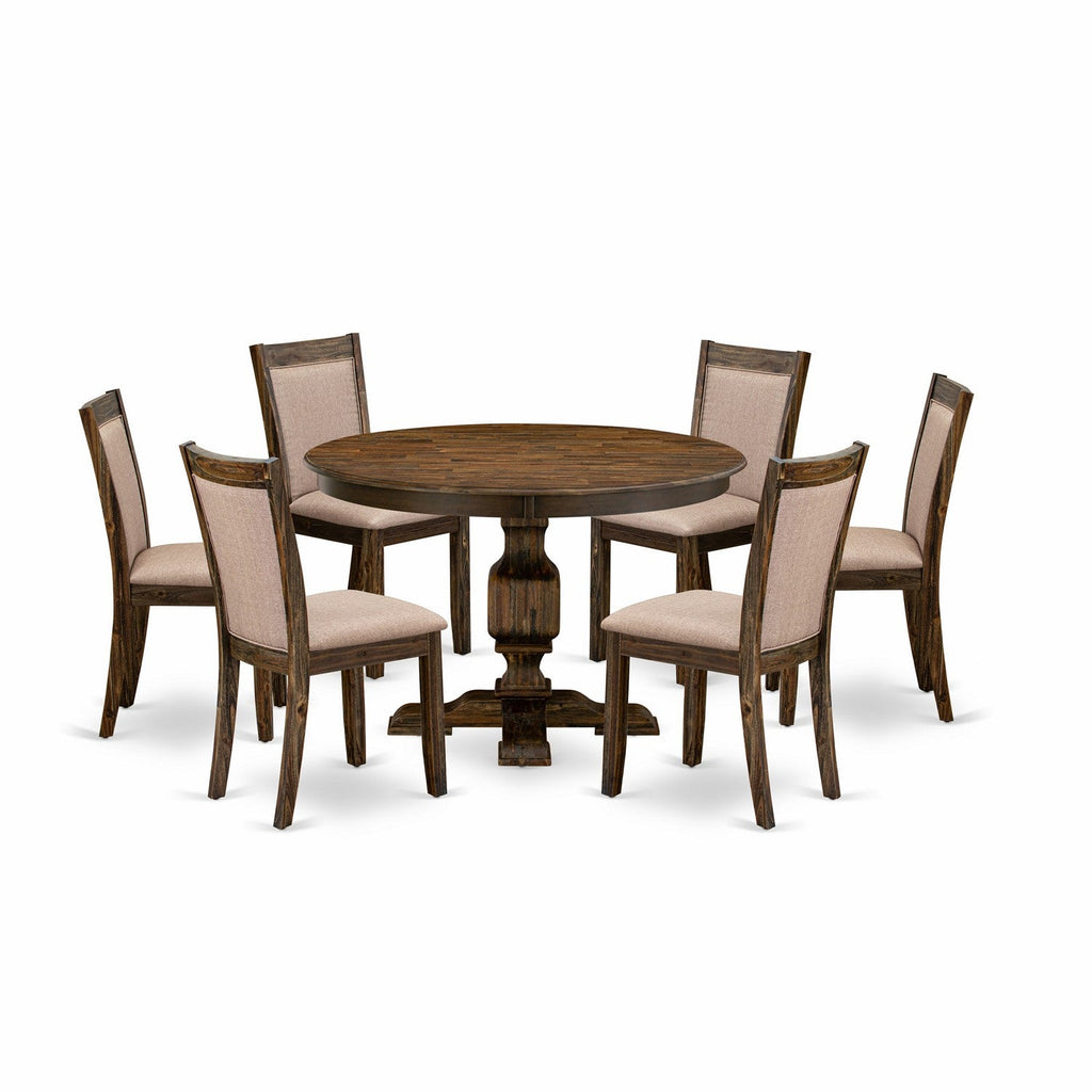 East West Furniture F3MZ7-716 7 Piece Kitchen Table Set Contains a Dinner Table and 6 Dark Khaki Linen Fabric Mid Century Modern Chairs with High Back - Distressed Jacobean Finish
