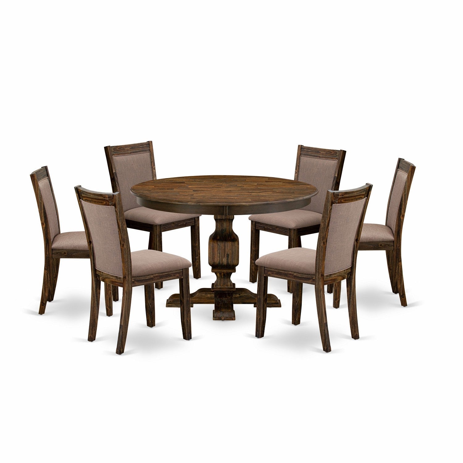 East West Furniture F3MZ7-748 7-Pc Dining Set - Kitchen Pedestal Table and 6 Coffee Color Parson Chairs with High Back - Distressed Jacobean Finish