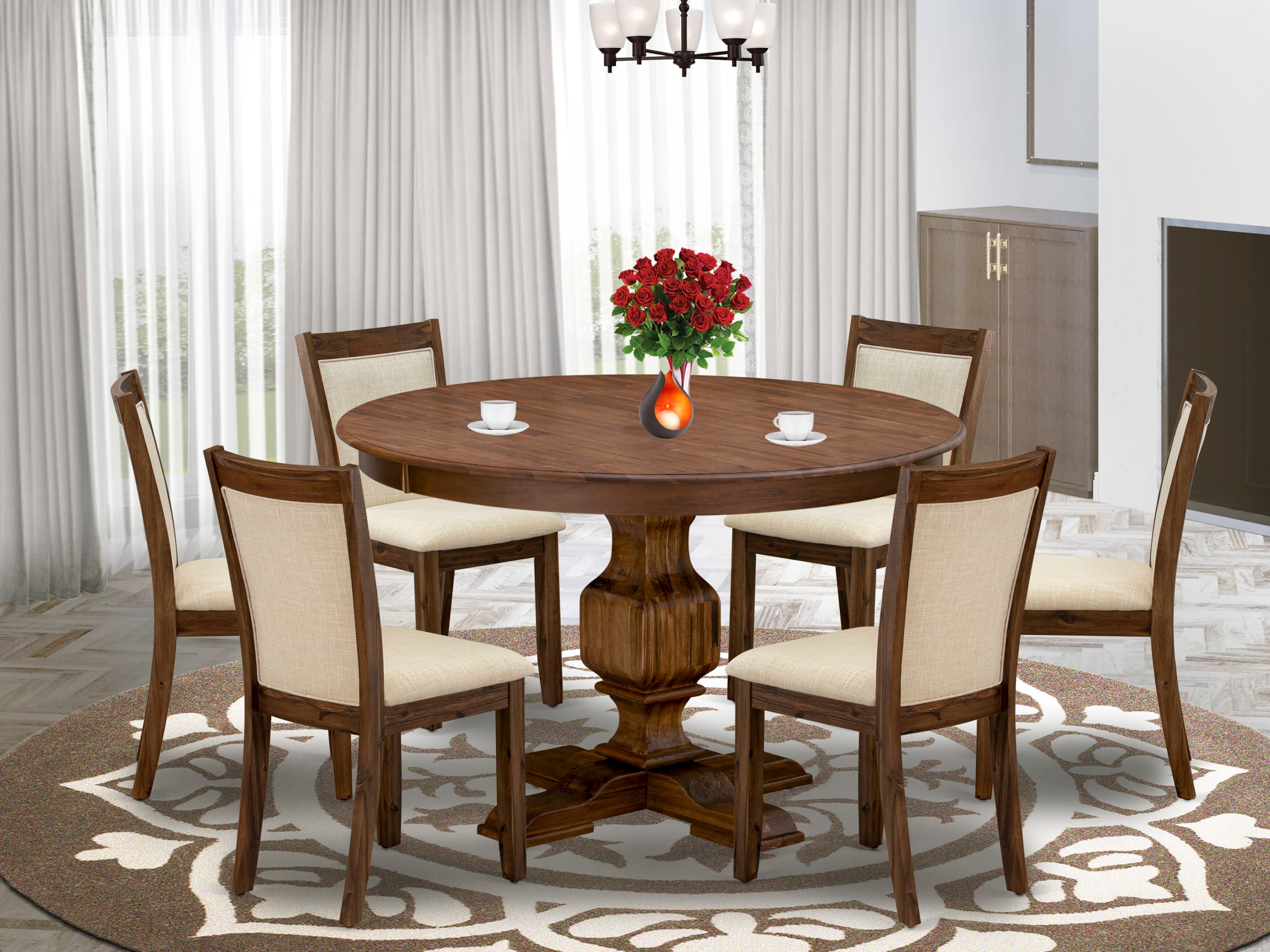 East West Furniture F3MZ7-N02 7-Pc Dining Set - Pedestal Dinner Table and 6 Light Beige Color Parson Chairs with High Back - Antique Walnut Finish