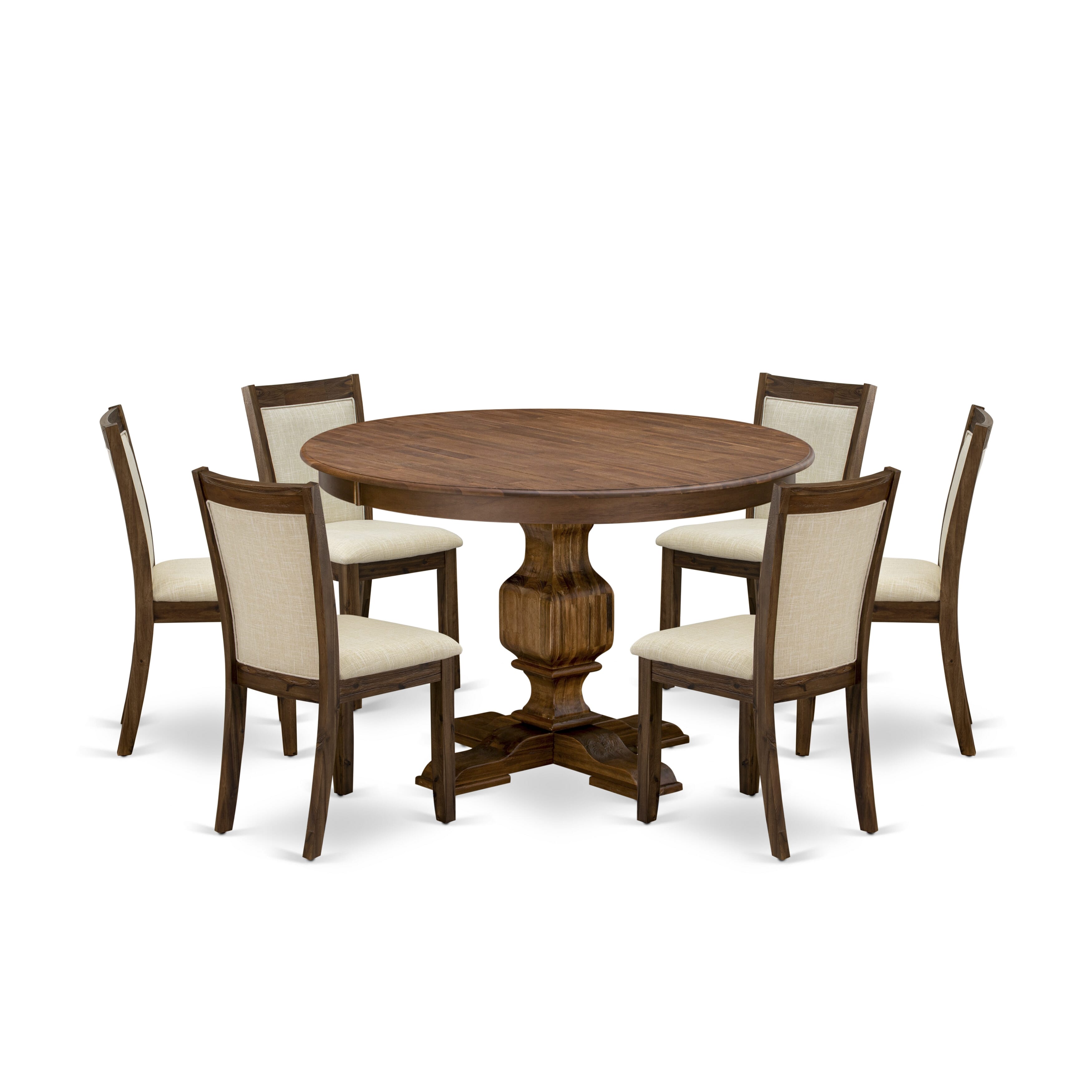 East West Furniture F3MZ7-N02 7-Pc Dining Set - Pedestal Dinner Table and 6 Light Beige Color Parson Chairs with High Back - Antique Walnut Finish