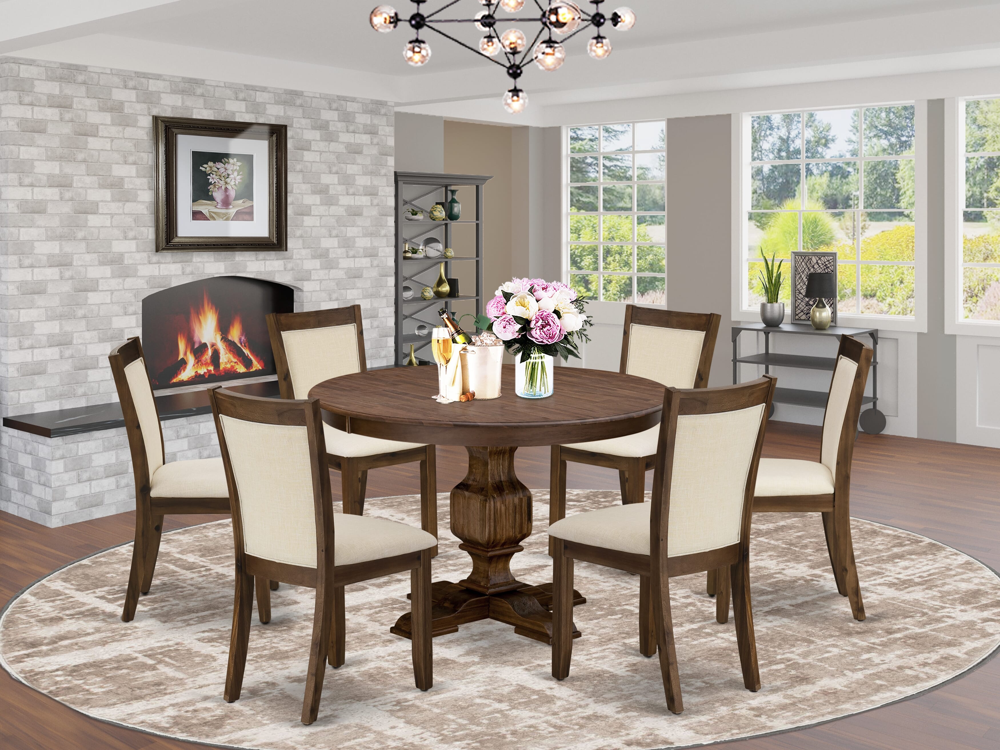 East West Furniture F3MZ7-NN-32 7-Piece Kitchen Table Set - A Lovely Dining Table and 6 Gorgeous Light Beige Linen Fabric Dining Chairs with Stylish High Back (Sand Blasting Antique Walnut Finish)