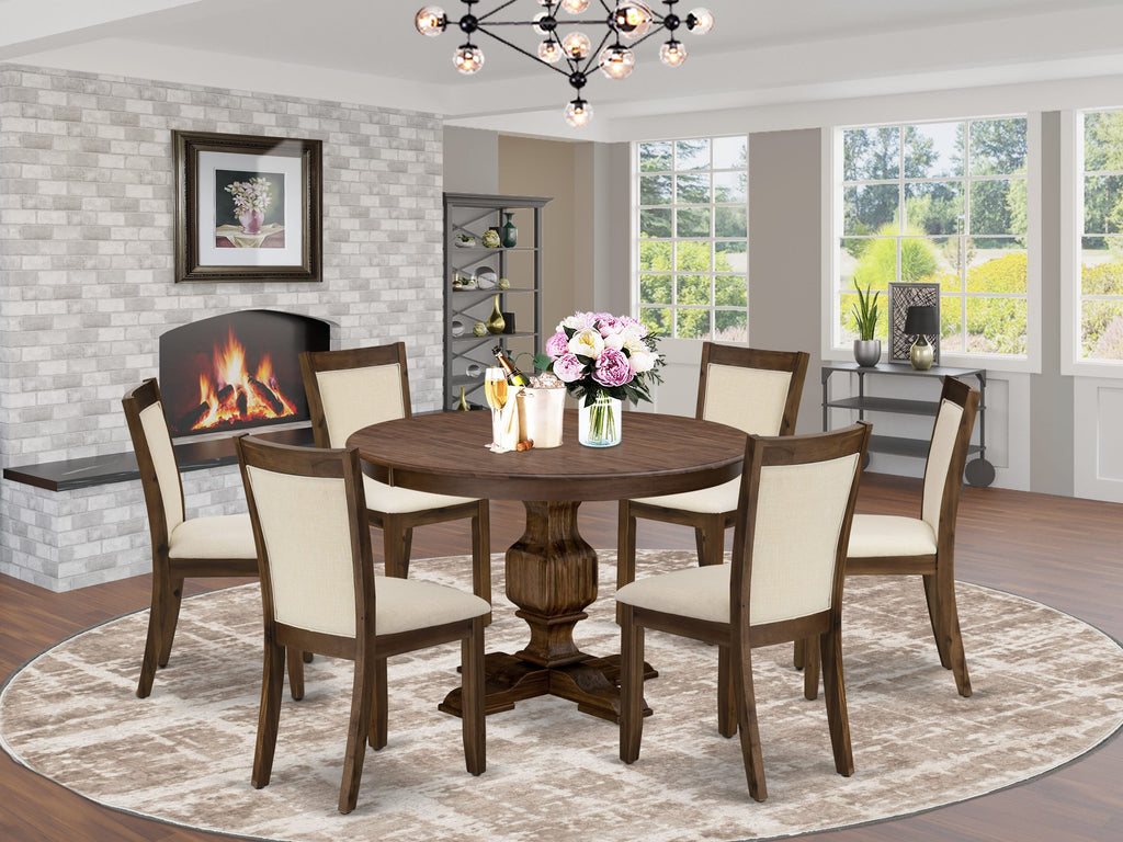 El juego de mesa de comedor East West Furniture F3MZ7-NN-32 de 7 piezas consta de una mesa de comedor redonda con pedestal y 6 sillas Parson de tela de lino beige claro.