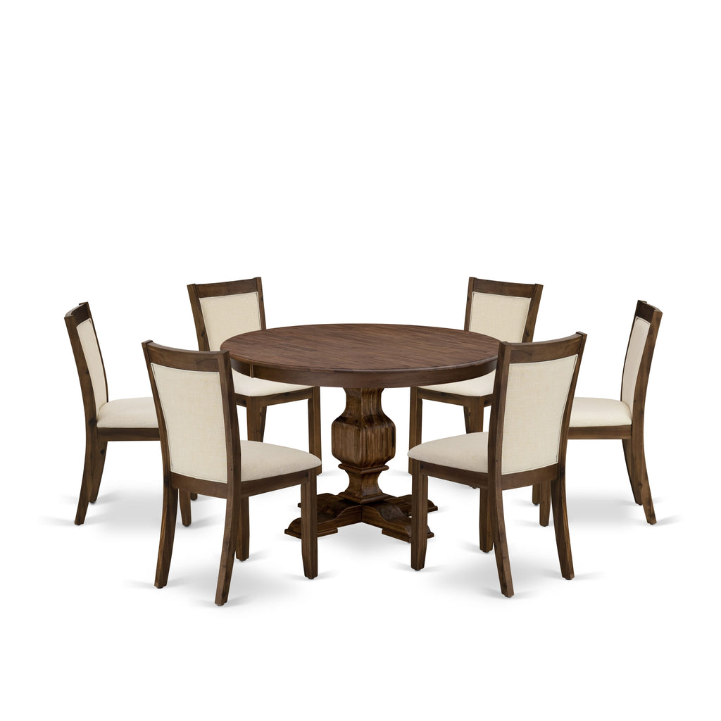 El juego de mesa de comedor East West Furniture F3MZ7-NN-32 de 7 piezas consta de una mesa de comedor redonda con pedestal y 6 sillas Parson de tela de lino beige claro.