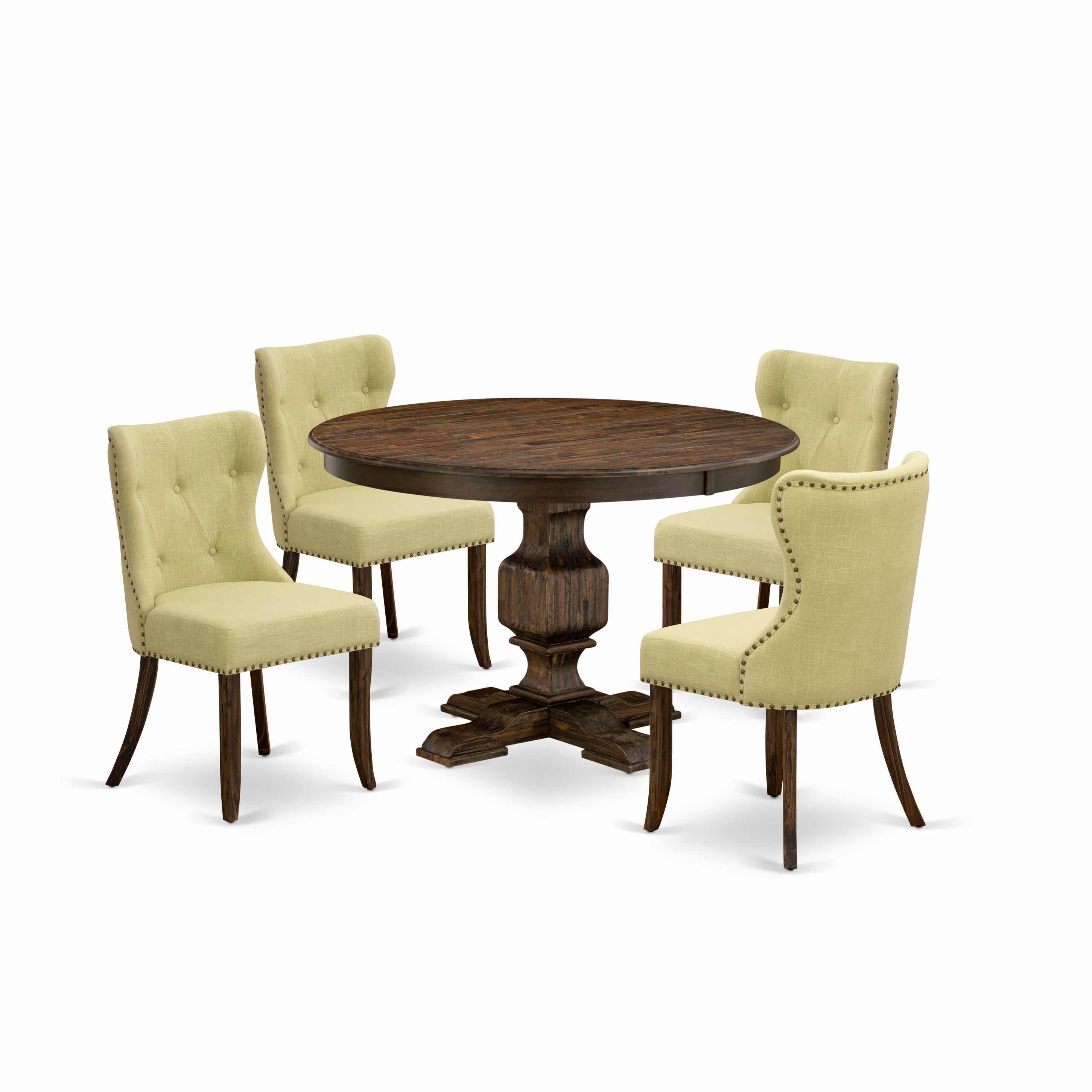 El juego de comedor de 5 piezas East West Furniture F3SI5-737 incluye una mesa de comedor redonda con pedestal y 4 sillas Parson tapizadas en tela de lino Limelight.