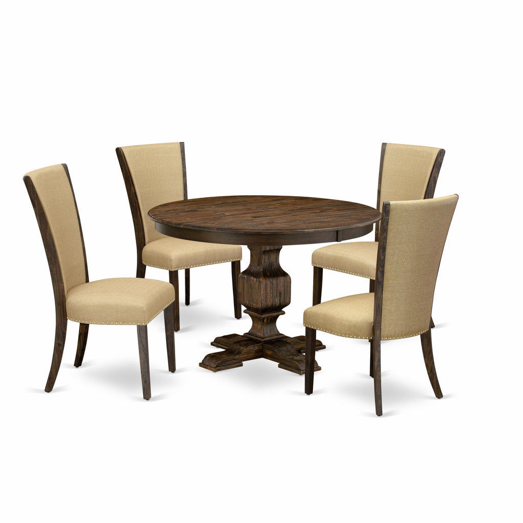 Juego de comedor de 5 piezas East West Furniture F3VE5-703 para 4 personas. Incluye una mesa de comedor redonda con pedestal y 4 sillas Parson tapizadas en tela de lino marrón.