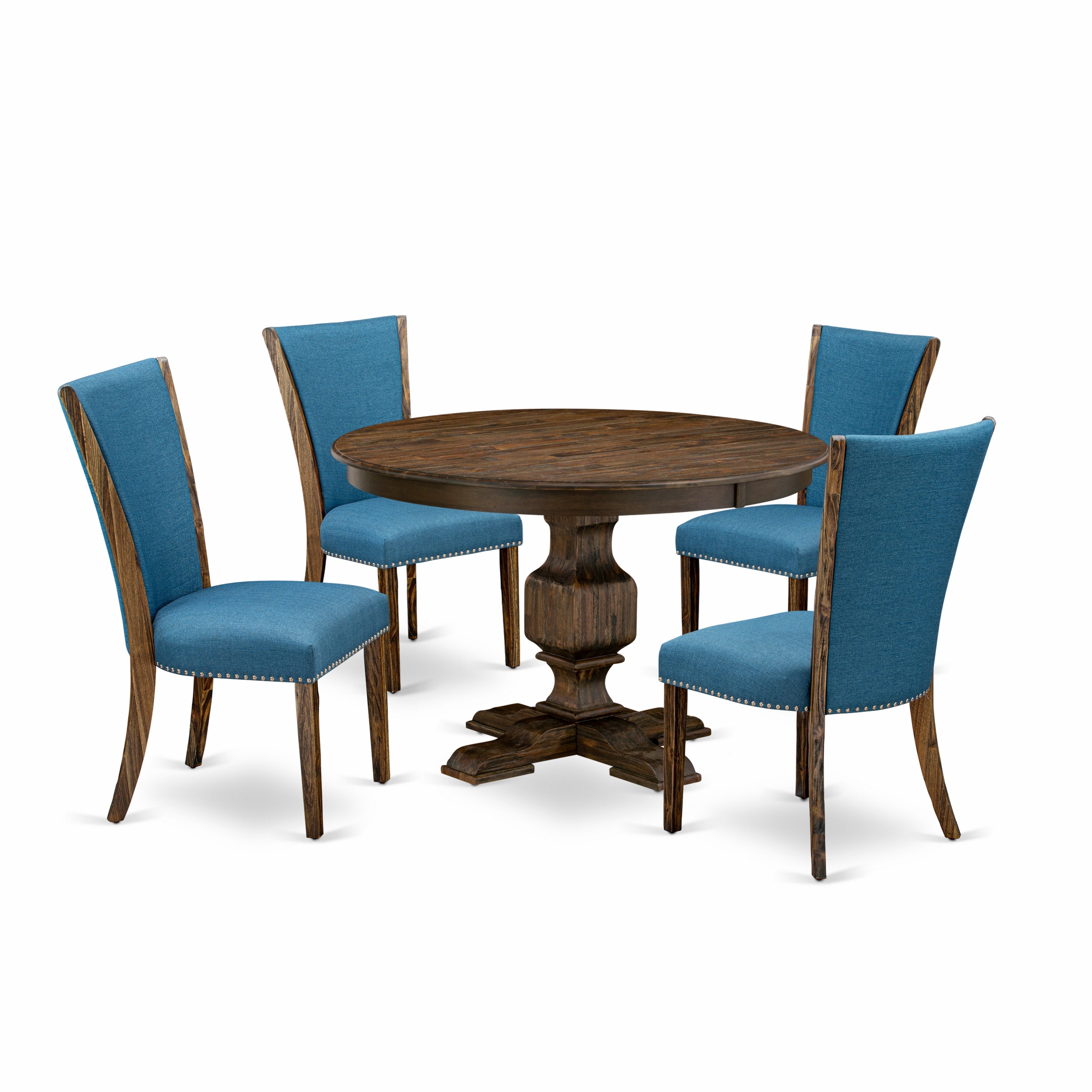 F3VE5-721 5-Piece Modern Dining Set - Wood Pedestal Table and 4 Blue Color Parson Dining Room Chairs with High Back - Distressed Jacobean Finish
