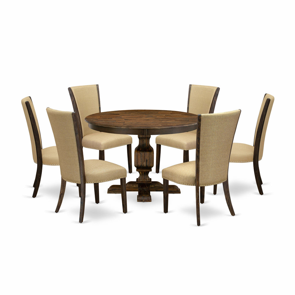 East West Furniture F3VE7-703 7 Piece Dinette Set Consist of a Round Dining Room Table with Pedestal and 6 Brown Linen Fabric Upholstered Parson Chairs