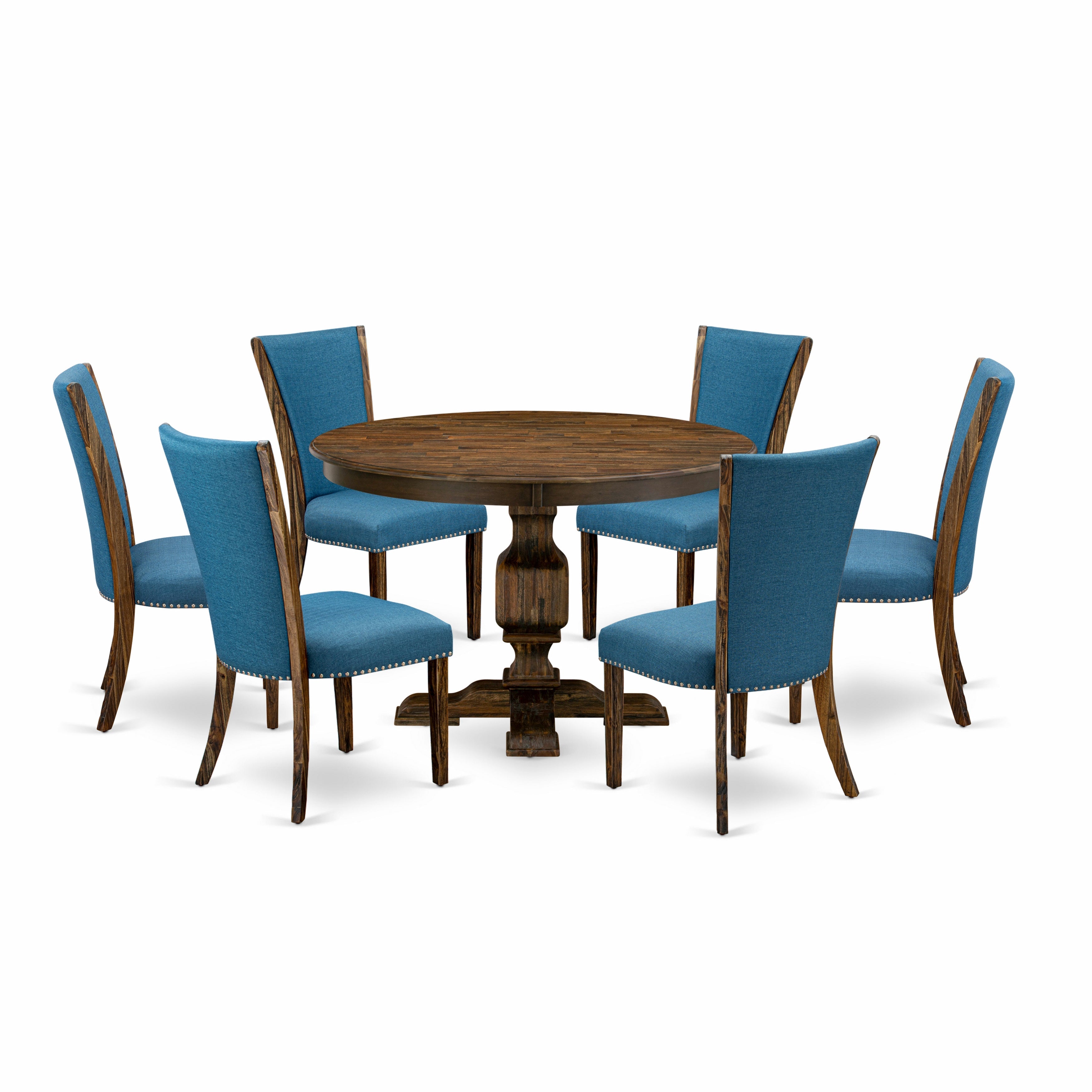 East West Furniture F3VE7-721 7-Pc Dinette Set - Mid Century Modern Pedestal Dining Table and 6 Blue Color Parson Chairs with High Back - Distressed Jacobean Finish