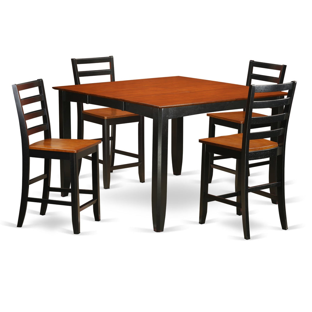 Juego de mesa de comedor de 5 piezas con altura de mostrador para cocina FAIR5-BLK-W de East West Furniture. Incluye una mesa de bar cuadrada con pedestal y 4 sillas de comedor.