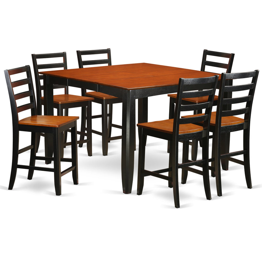 East West Furniture FAIR7-BLK-W 7 Piece Kitchen Counter Height Dining Table Set  Consist of a Square Pub Table with Pedestal and 6 Dining Room Chairs